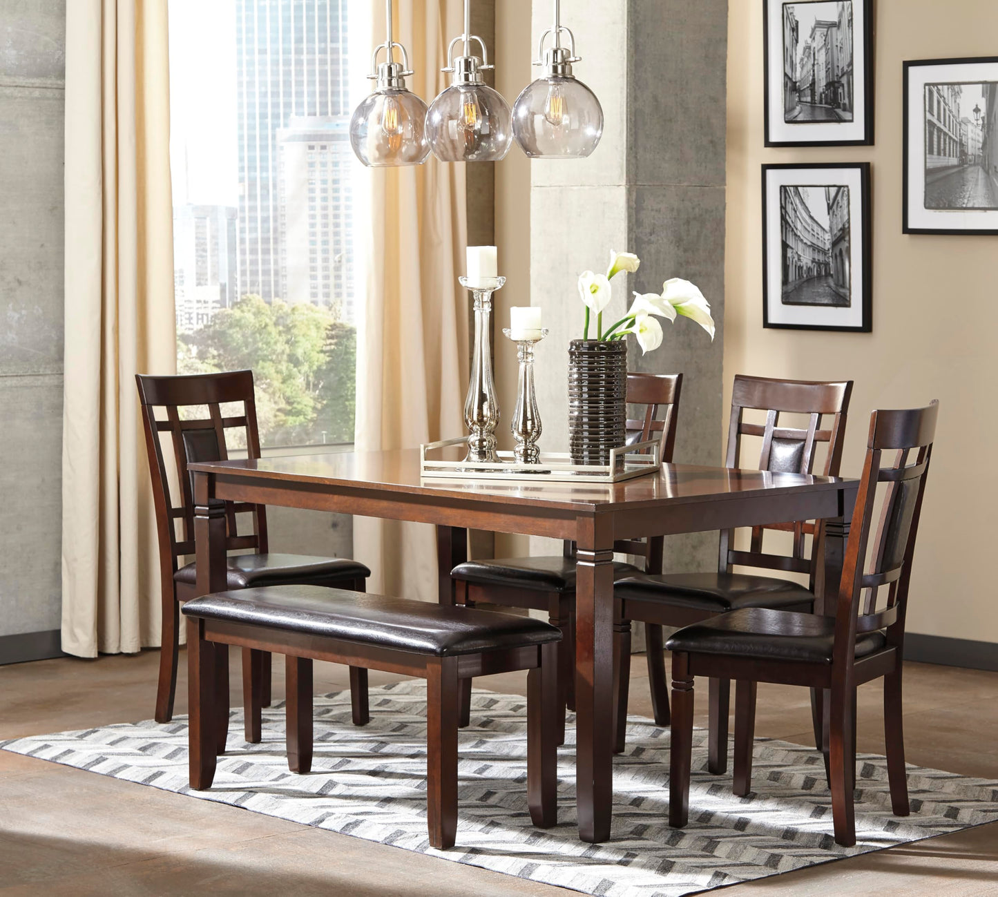 Signature Design by Ashley Bennox 6 Piece Dining Set with Upholstered Bench, Table & 4 Upholstered Chairs, Seats 6, Wood, Brown
