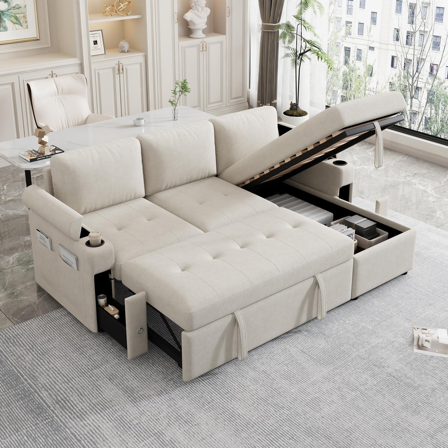 Eafurn 83.5" Sleeper Sectional Sofa with Pull Out Couch Bed, Convertible L-Shaped Sofa with Storage Chaise, Quick Assemble Sleeper Corner Sofa with Cup Holders & USB Ports