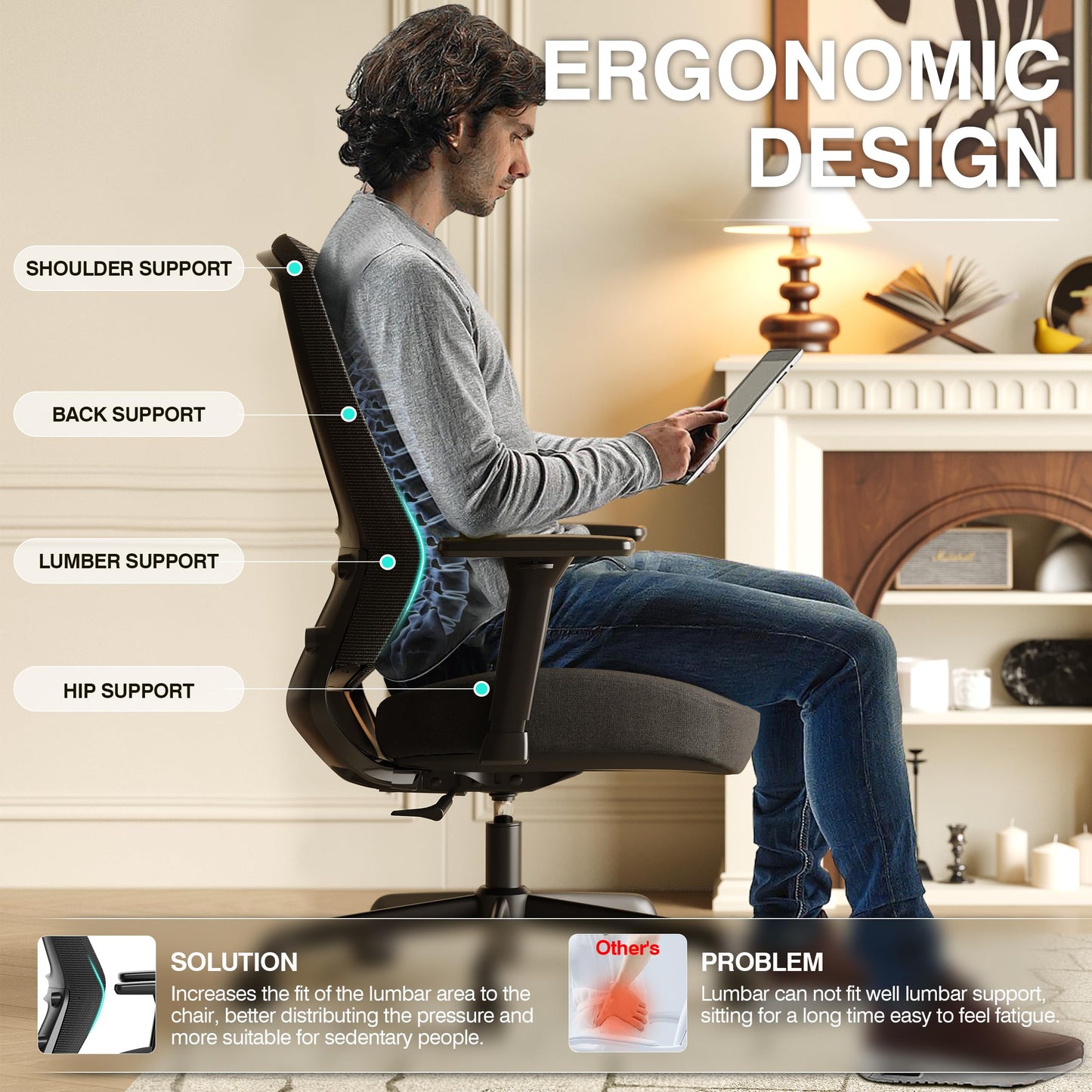 ELABEST Mesh Office Chair,Ergonomic Computer Desk Chair,Sturdy Task Chair- Adjustable Lumbar Support & Armrests,Tilt Function,Comfort Wide Seat,Swivel Home Office Chair (Noir Black (Padded Seat))