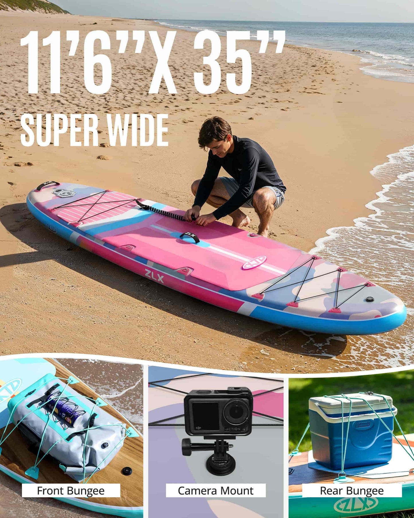 ZLX 11'6"x35" Ultra Wide Inflatable Stand Up Paddle Board | Stable Non-Slip Deck Pad, Unique Fin System, Premium SUP Accessories & Backpack - Upgraded Pump for Adults, All Skill Levels