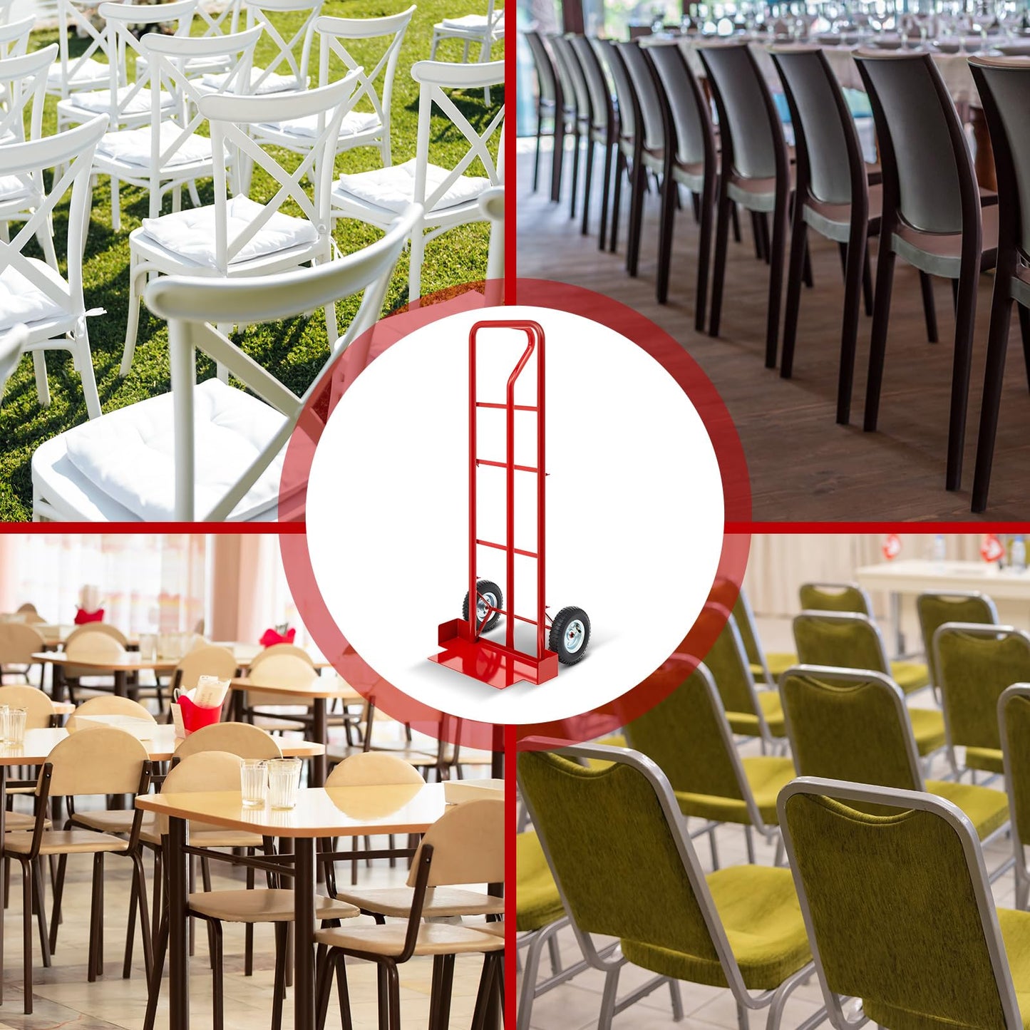 Datanly 52'' x 22'' x 18'' Heavy Duty Stack Chair Dolly Banquet Chair Dolly Cart Holds 7 Chairs Oversized Rubber Wheels for Easy to Load and Unload for Party Event Rental Furniture(Red)