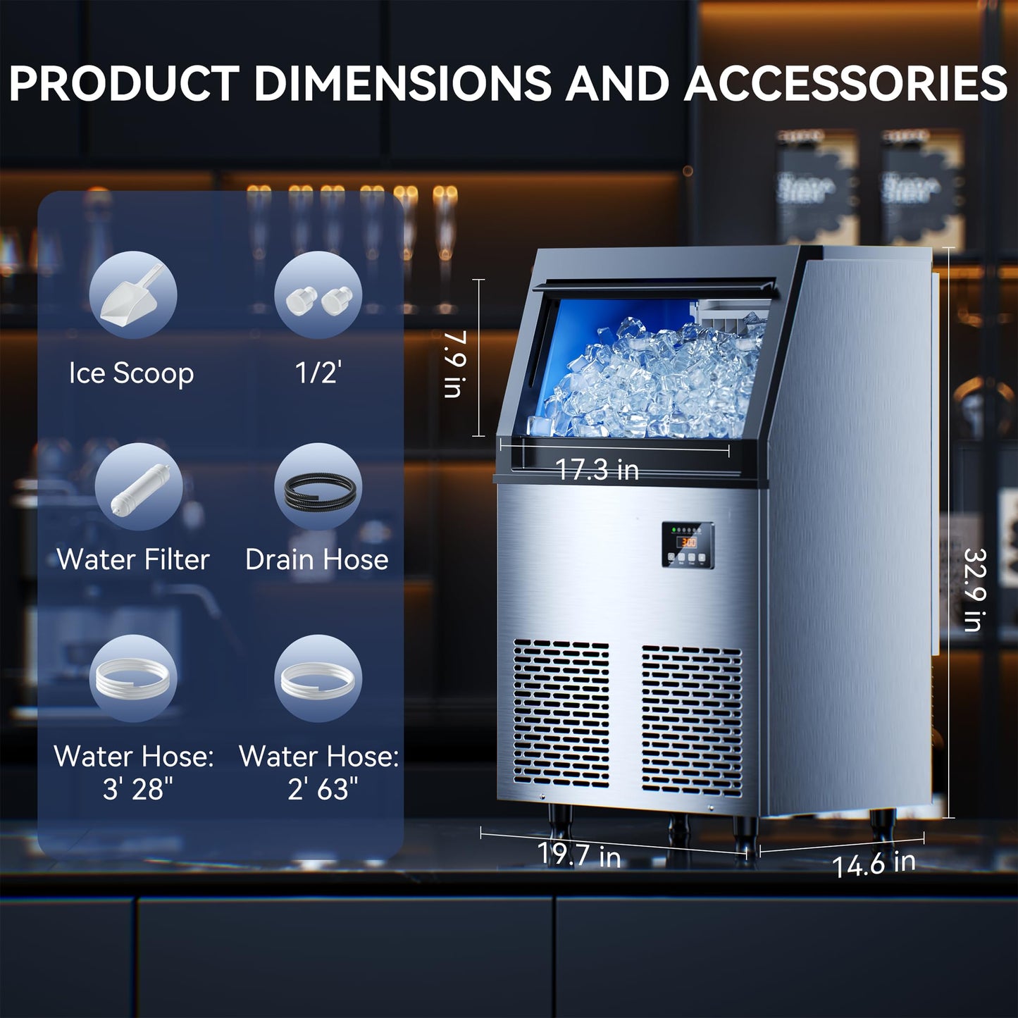 Coolski Commercial Ice Maker Machine, 100lbs/24H Ice Machine, 34lbs Storage, 45 Ice Cubes Ready in 6-15 Minutes, Freestanding Ice Maker for Bar, Home, Office, Restaurant