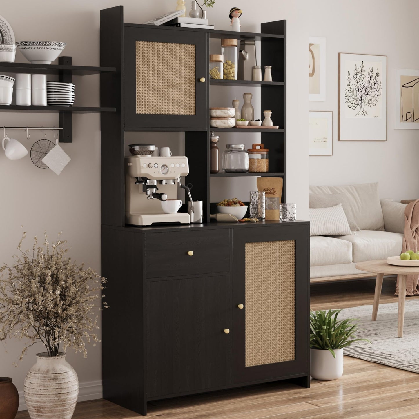 71'' Tall Kitchen Pantry Storage Cabinet, Kitchen Hutch Bar Cabinet with Microwave Stand, Farmhouse Buffet Cabinet w/Drawer, 3 Adjustable Shelf & 3 Rattan Doors for Kitchen, Dining Room (Black)