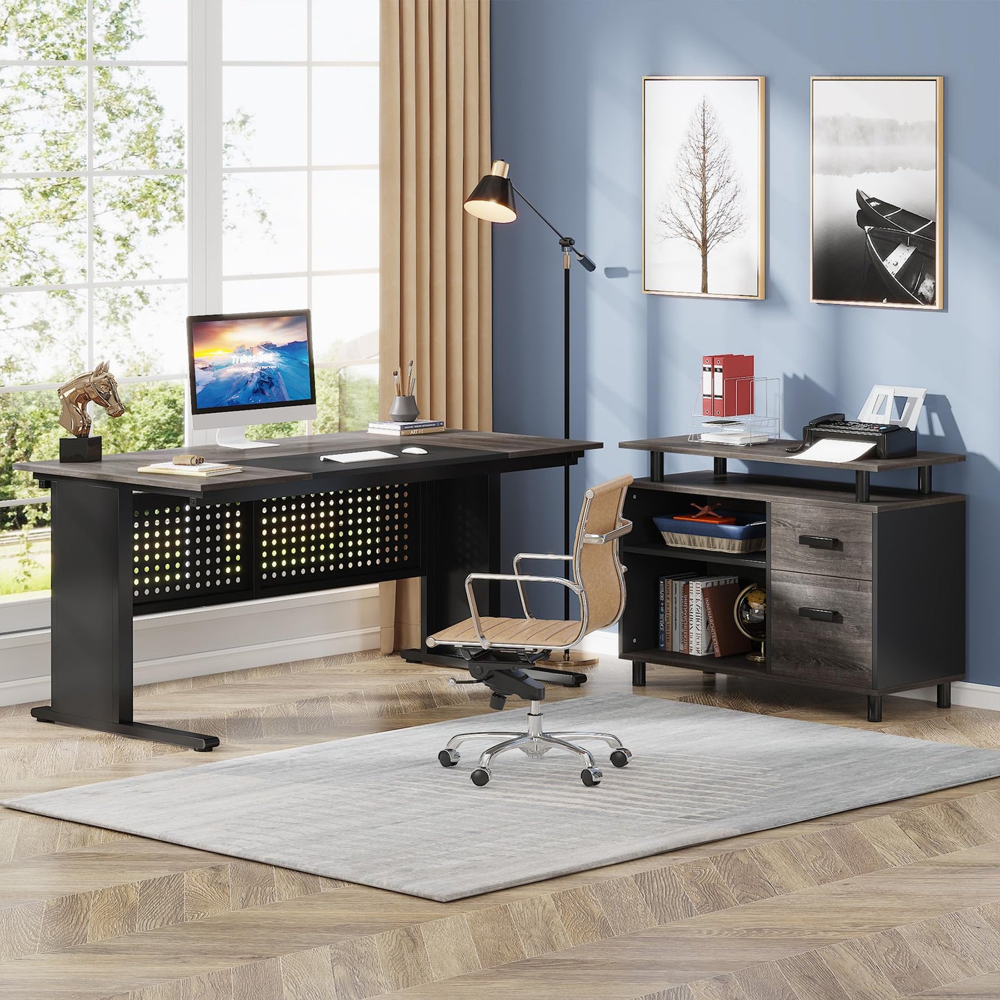 Tribesigns 63 Inch Executive Desk with File Cabinet, L Shaped Office Desk with Drawers and Storage Shelves, Business Furniture Set Workstation for Home Office, Gray and Black