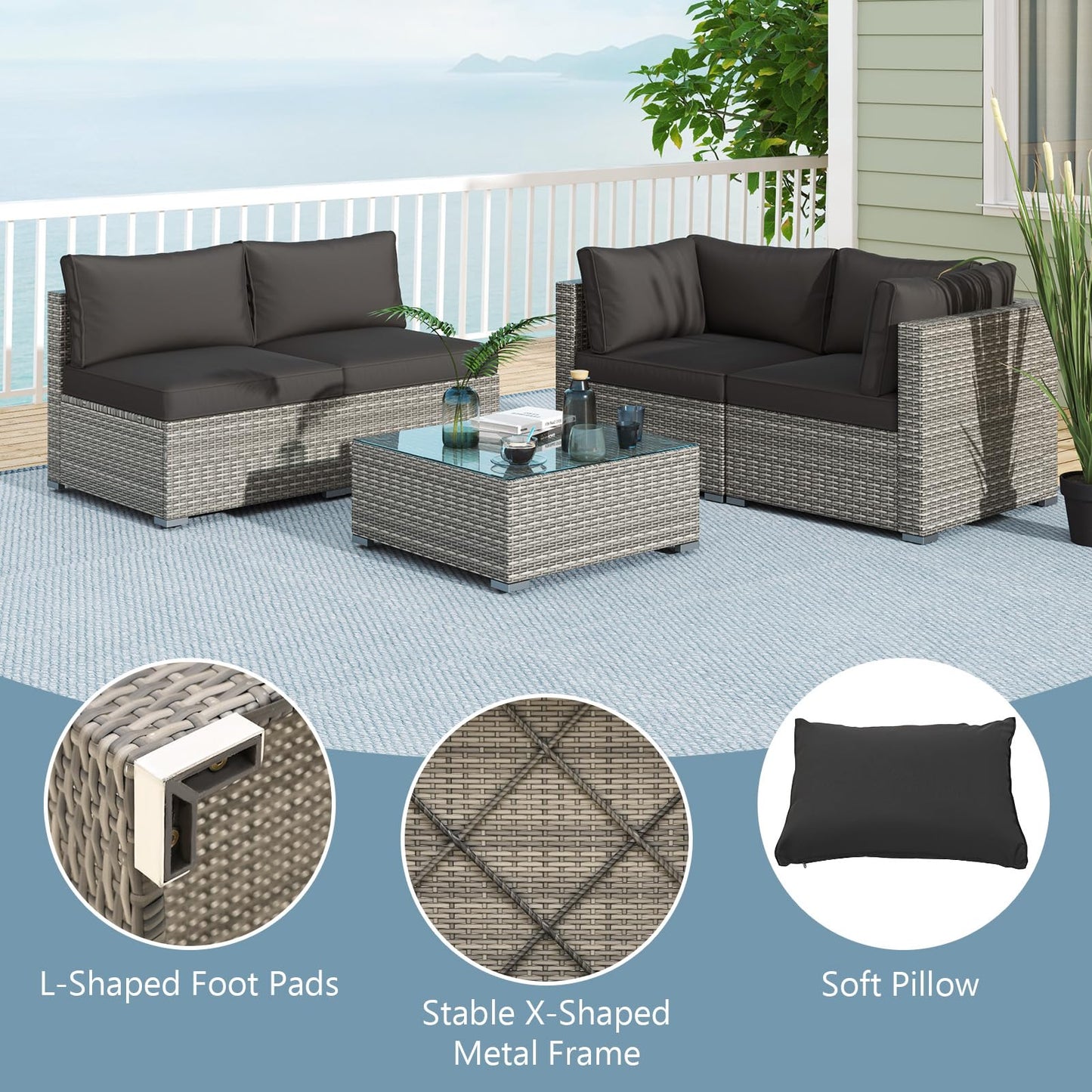Tangkula 5-Piece Outdoor Patio Sectional Sofa Couch, PE Rattan Conversation Set w/Glass Coffee Table & Cushions, Outdoor Furniture Set w/Sturdy Metal Frame for Garden Poolside Backyard