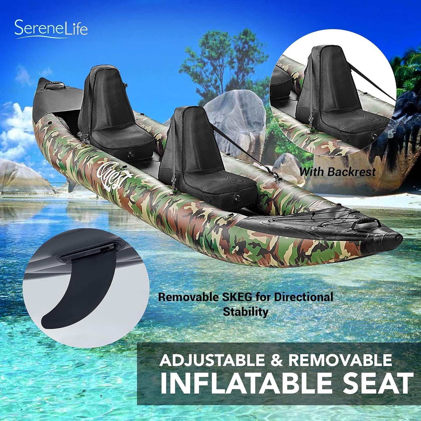 SereneLife Inflatable 2-Person Kayak – Durable PVC Kayak for Fishing with Aluminum Paddles, High-Output Pump, Repair Kit & Bag, Lightweight, Portable Design for Lakes & Rivers, (Camouflage)