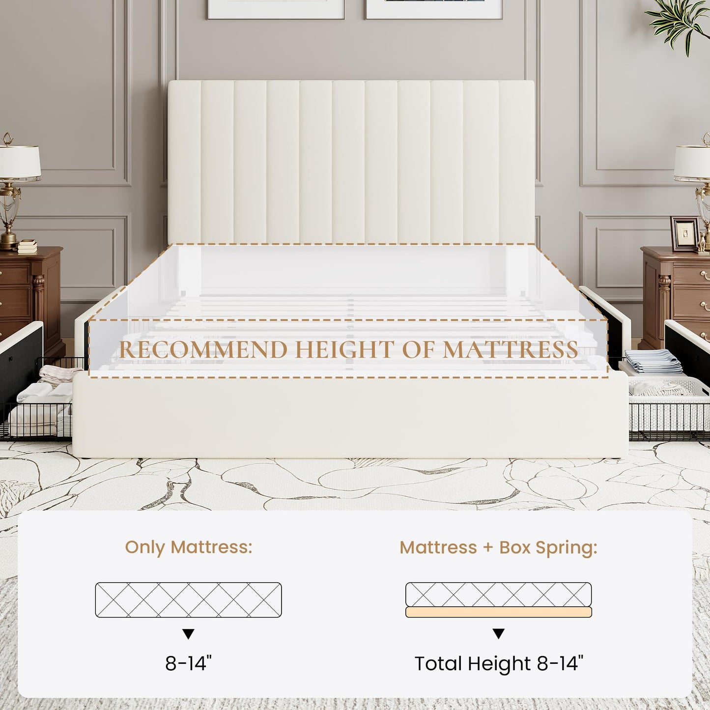 SHA CERLIN Queen Platform Bed Frame with 4 Storage Drawers, Vertical Channel Tufted Adjustable Headboard, Velvet Upholstered, Wooden Slats Support, No Box Spring Needed, Easy Assembly, Cream