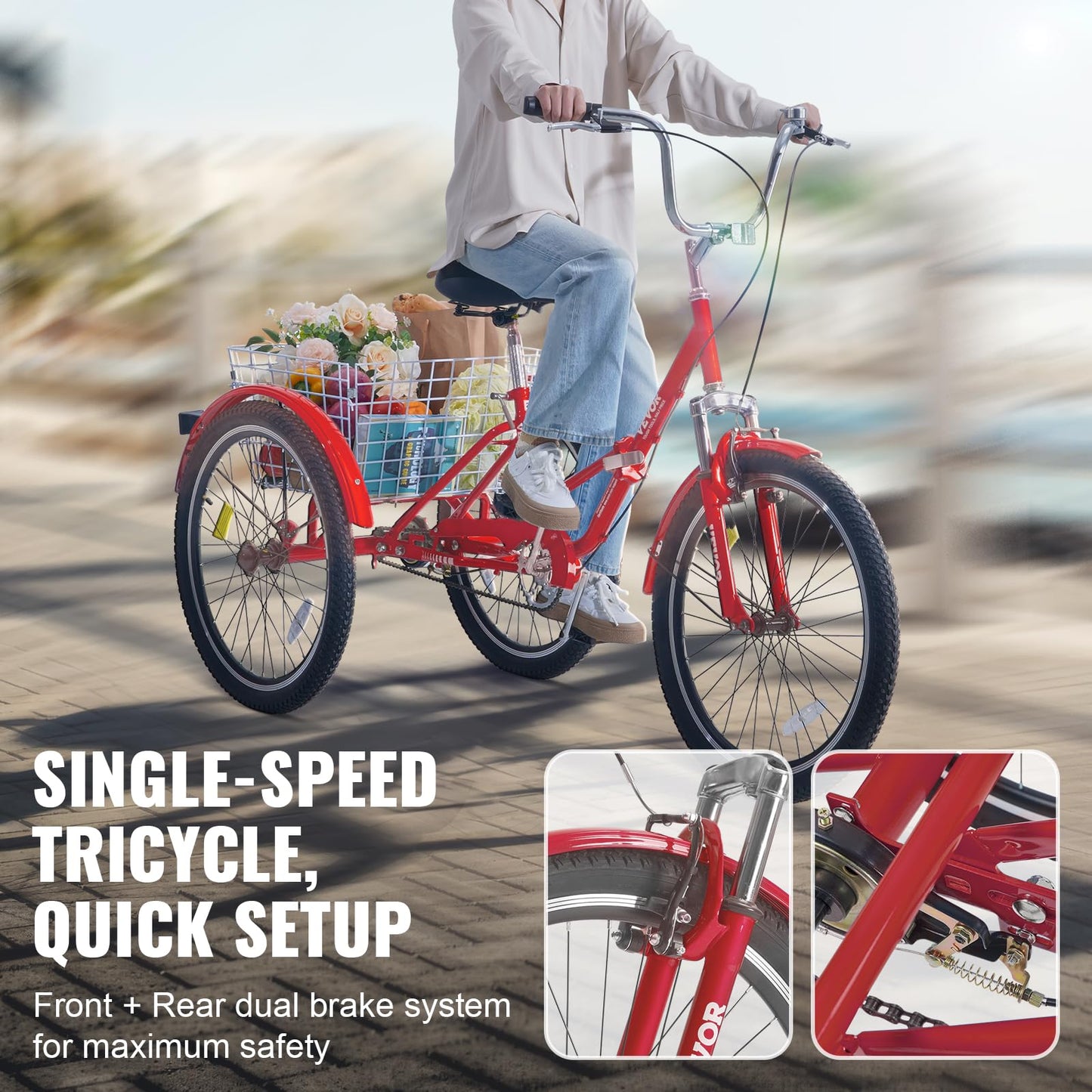 VEVOR Folding Adult Tricycle, 24-Inch Adult Folding Trikes, Carbon Steel 3 Wheel Cruiser Bike with Large Basket & Adjustable Seat, Shopping Picnic Foldable Tricycles for Women, Men, Seniors (Red)