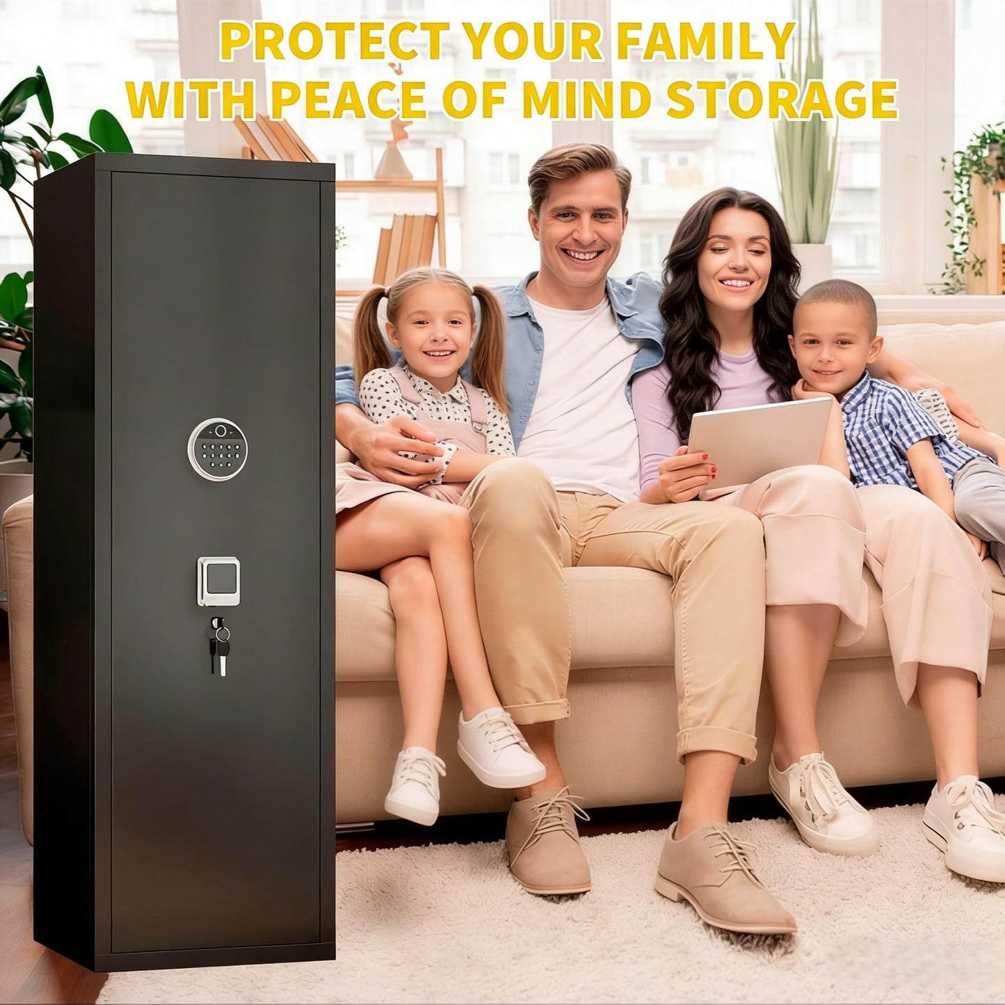 Bezuny No Assembly Required Gun Safe for Rifles and Pistols Fingerprint,14" W x 58" H Adjustable Gun Cabinet for Home,14-15 Gun Safes for Rifle and Password Lock,Black