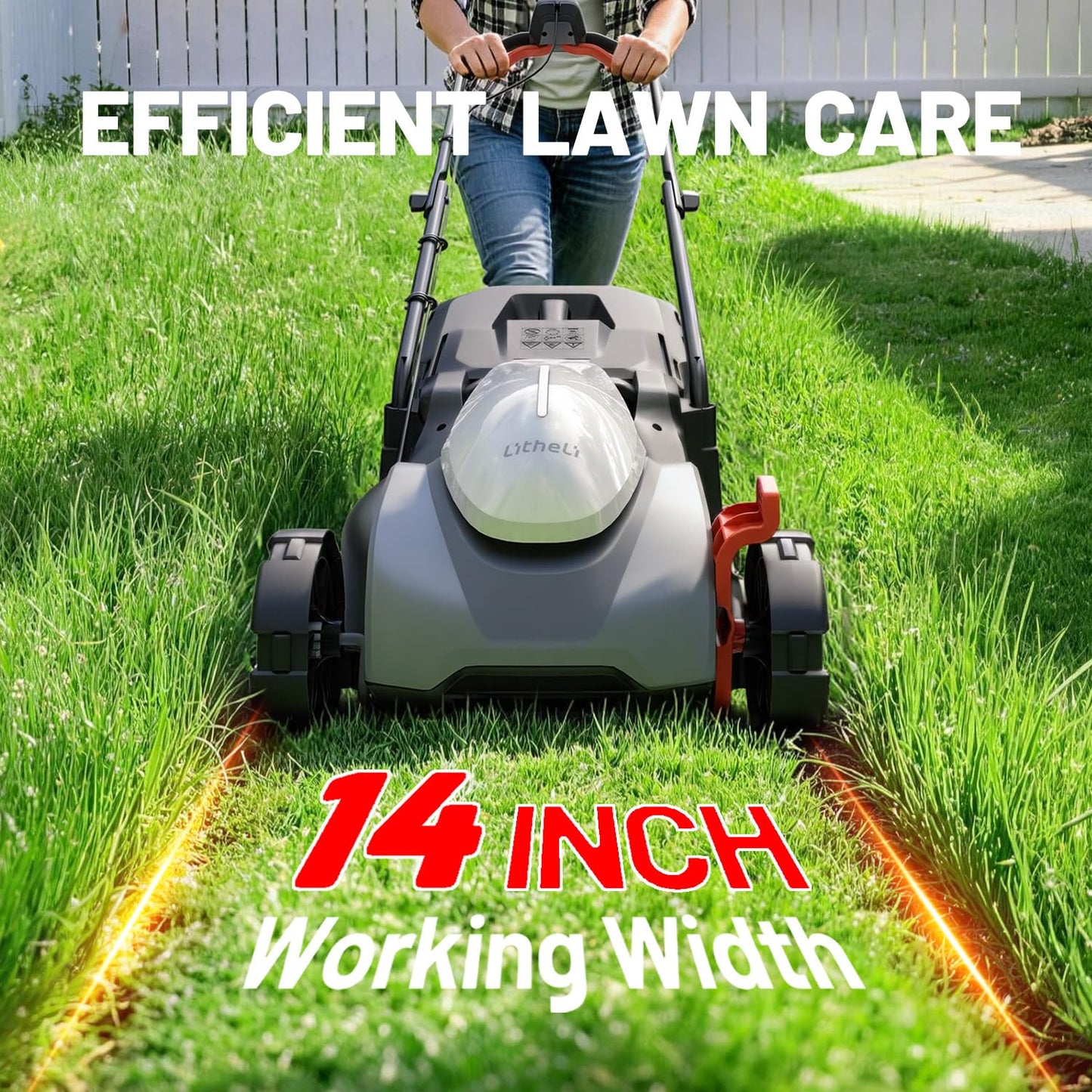 Litheli 14 Inch Battery Lawn Mower with 8.0Ah Long Runtime Battery, Brushless Motor, 5 Cutting Heights 1 to 2.5 Inch, 9 Gal Grass Catcher, Removable Handle, Ideal for Mid Size Lawns