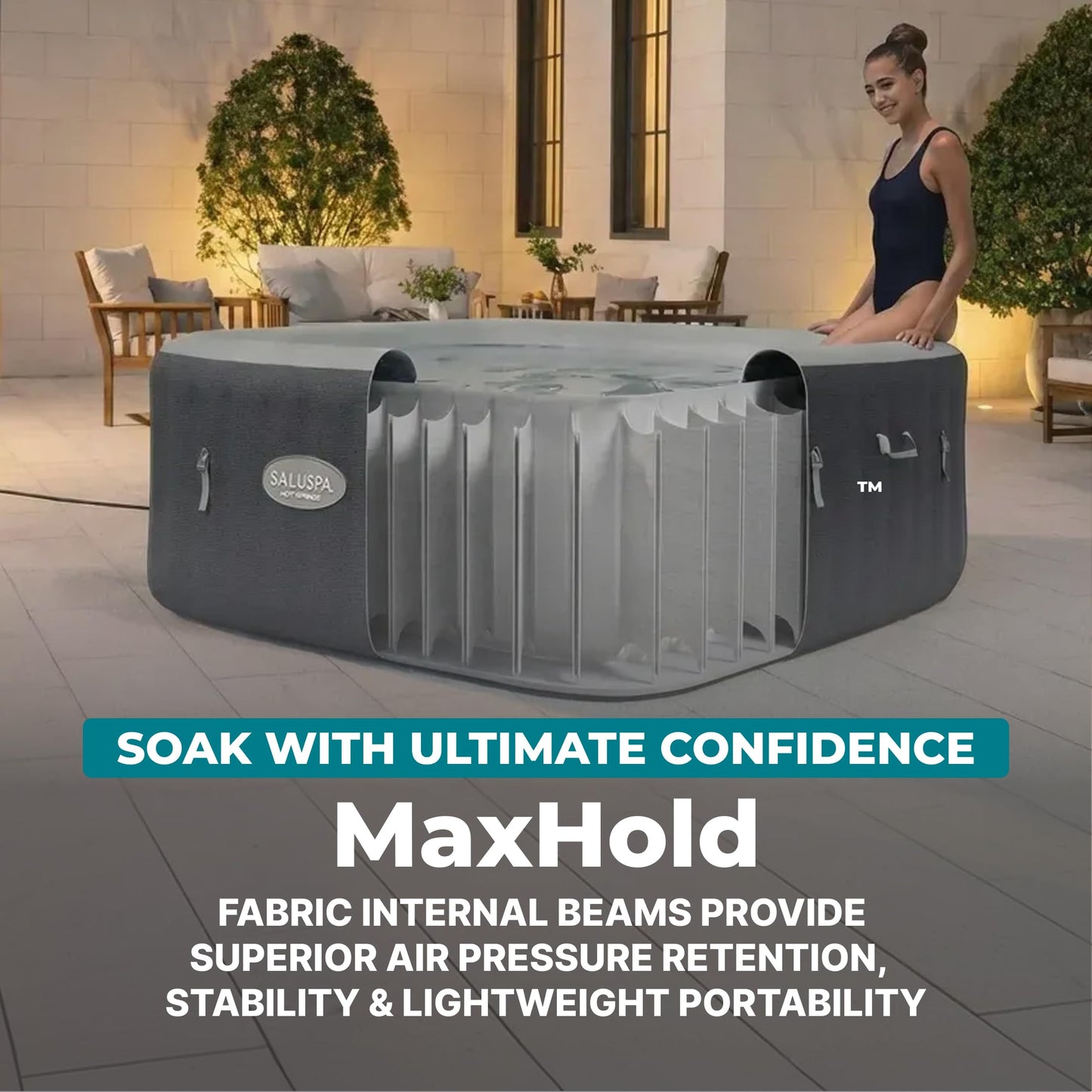 Bestway SaluSpa Hot Springs Inflatable Hot Tub, 4-6 Adults, 140 AirJets, EnergySense Walls & Cover, Smart WiFi App & Spa Control Panel, MaxHold Construction, Stone Grey Knit, 71" x 71" x 28" Square