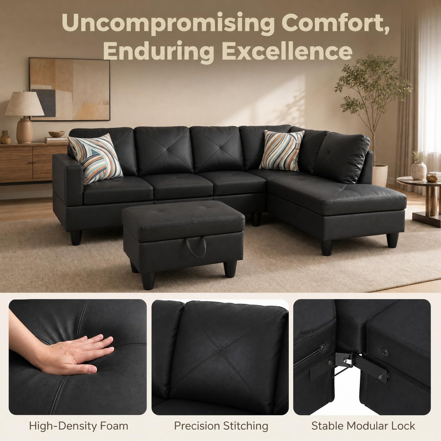 Trygoal 97" Leather L Shaped Couch with Right Chaise & Cup Holder, Sectional Sofas Modular Furniture Set with Storage Ottoman, Convertible Couches for Living Room, Small Space & Office (Black)