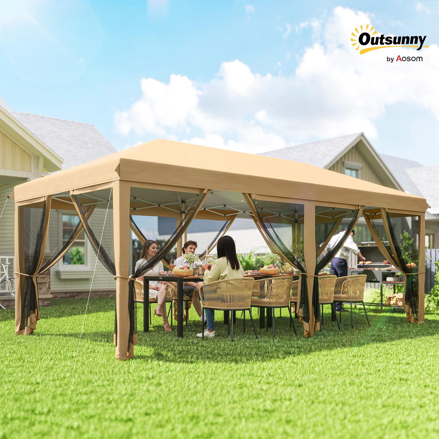 Outsunny 10' x 20' Pop Up Canopy Tent with Netting, Heavy Duty Instant Sun Shelter, Large Tents for Parties with Carry Bag for Outdoor, Garden, Patio, Beige