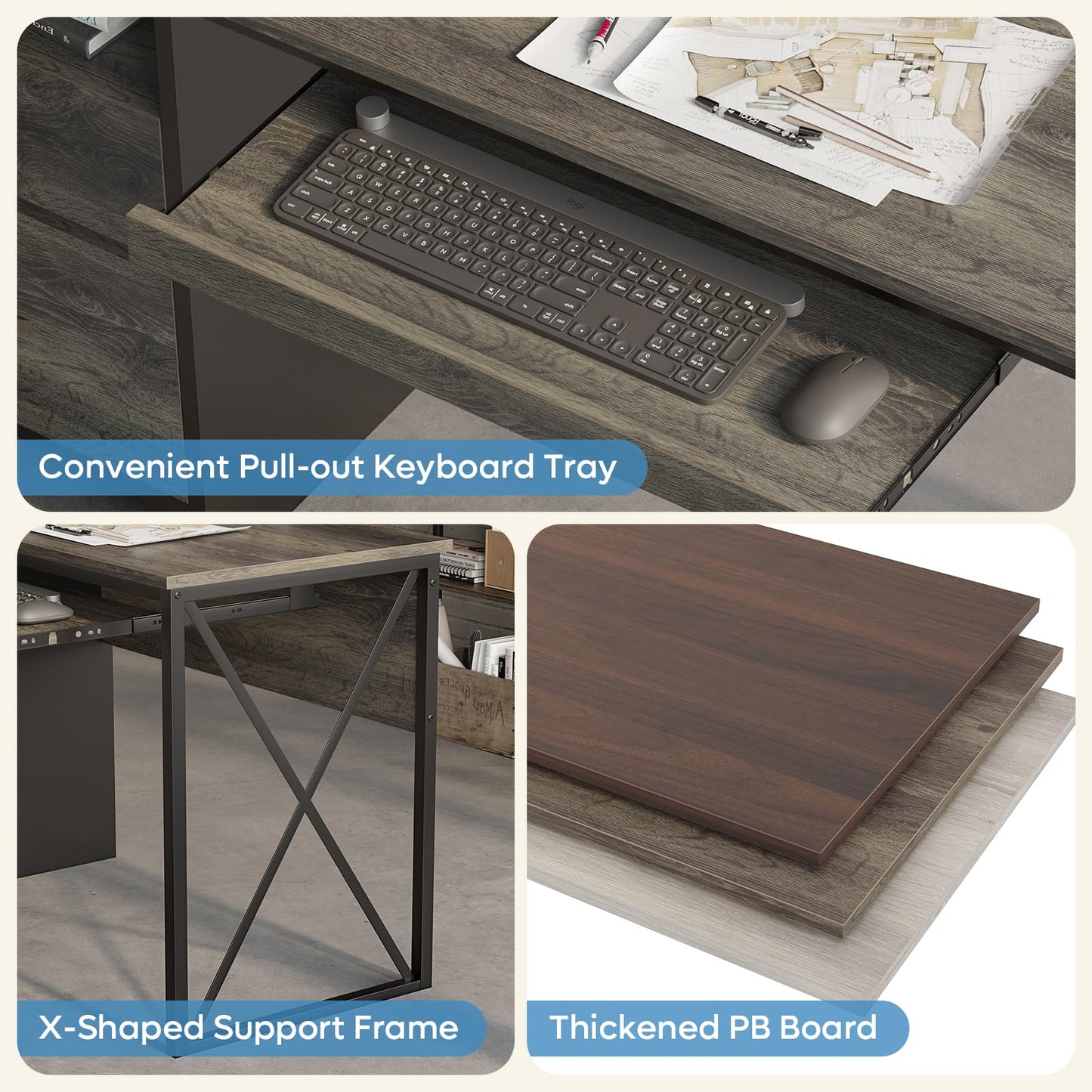 Bestier Office Desk with Drawers, 55 inch Industrial Computer Desk with Storage, Wood Teacher Desk with Keyboard Tray & File Drawer for Home Office, Dark Gray Oak