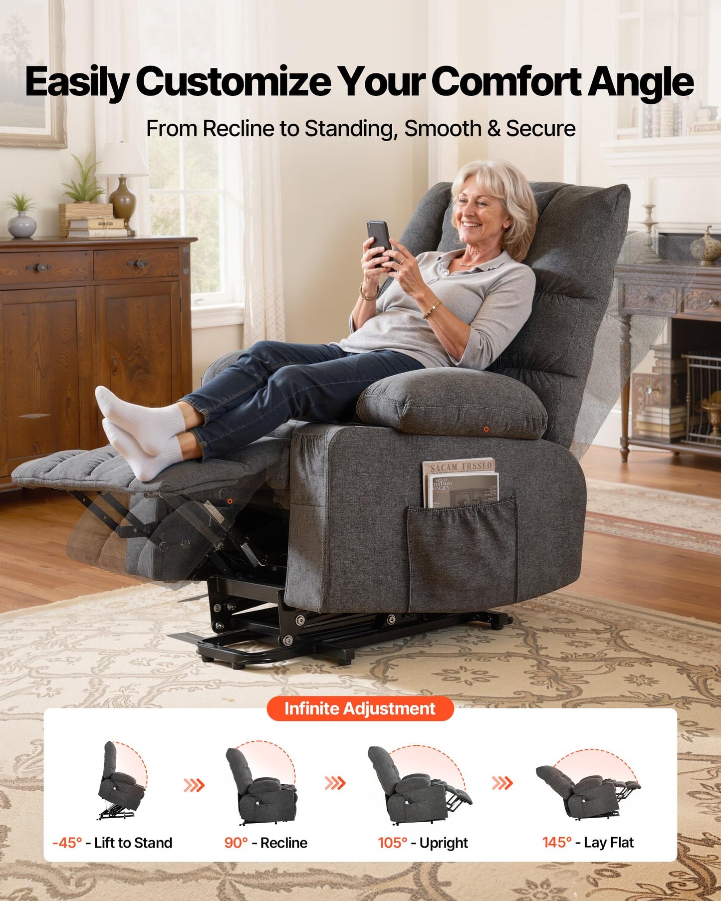 VEVOR Large Power Lift Recliner Chairs, Lift Chair with Heat and Massage for Elderly, Position Adjustable, with Side Pockets, Cup Holders and USB Port, Chenille Fabric, Dark Gray