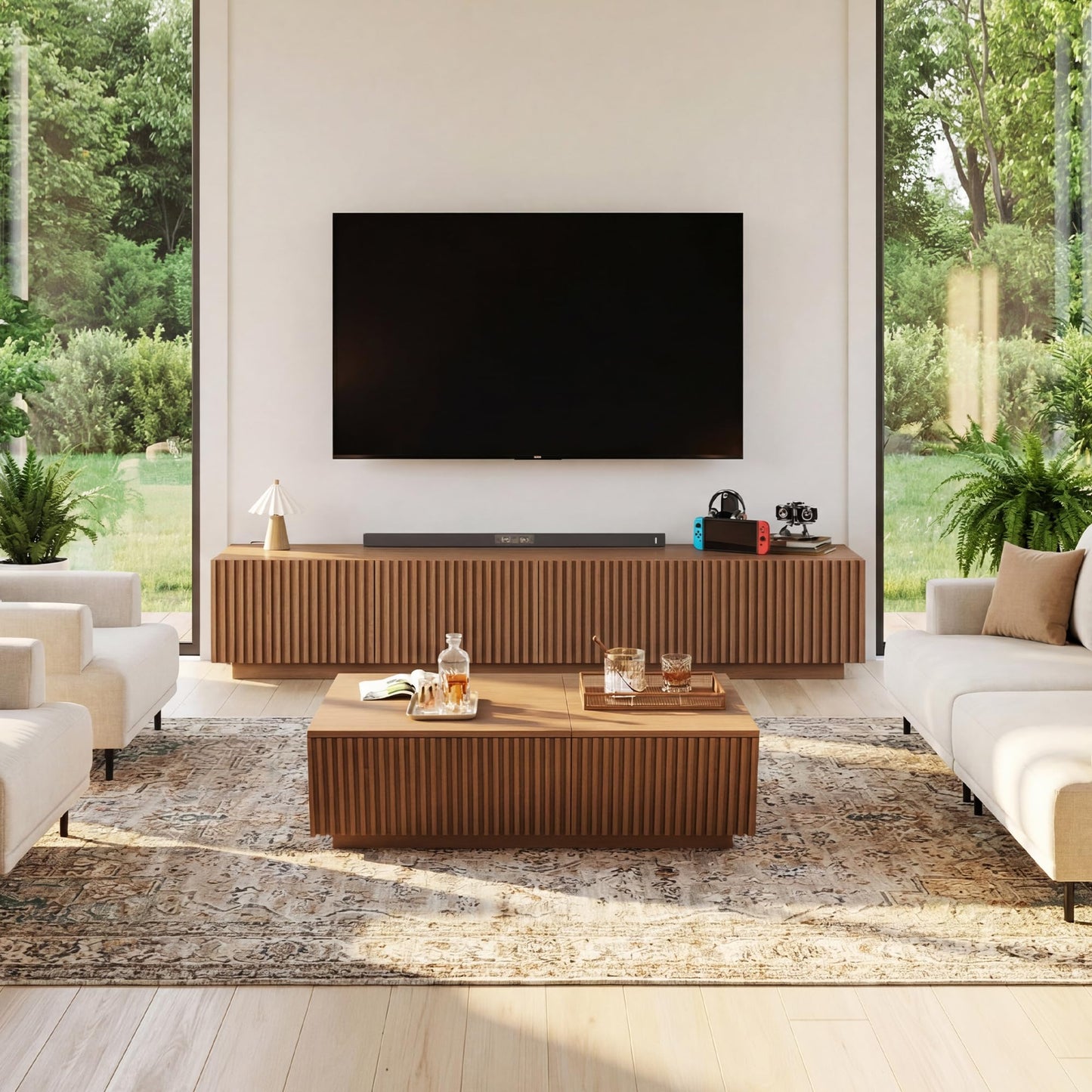 NessCarsti 86.61" Mid-Century Modern TV Stand for TVs up to 85", Sturdy Living Room Furniture Media Console with Large Storage Space, Entertainment Center for Living Room and Bedroom, Walnut