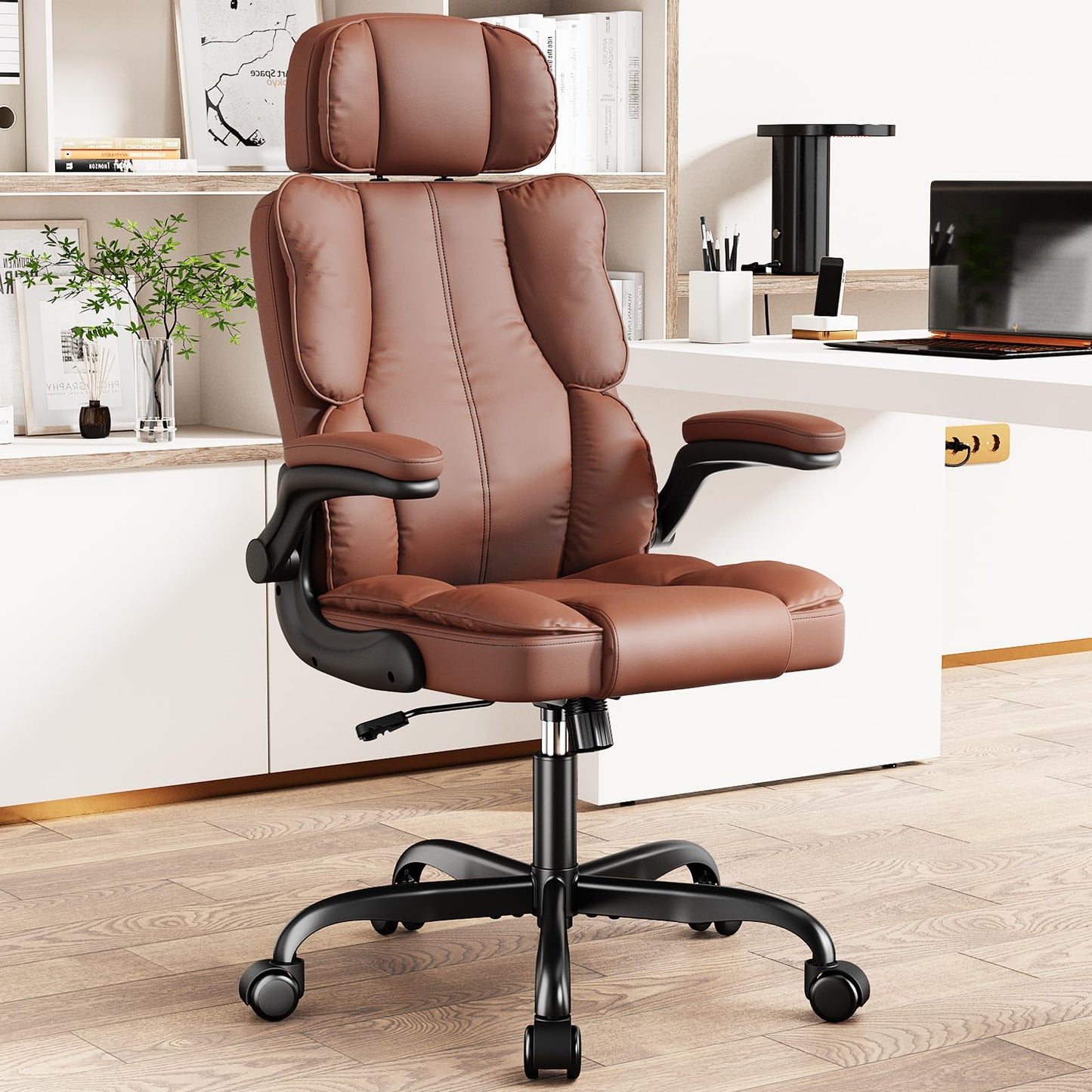 Kensaker Office Chair with Adjustable Headrest & Lumbar Support for for Lower Back Pain Relief, Executive PU Leather Chairs Comfy with Double Padding & 135° Rocking for Home Office, Brown