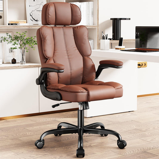 Kensaker Office Chair with Adjustable Headrest & Lumbar Support for for Lower Back Pain Relief, Executive PU Leather Chairs Comfy with Double Padding & 135° Rocking for Home Office, Brown