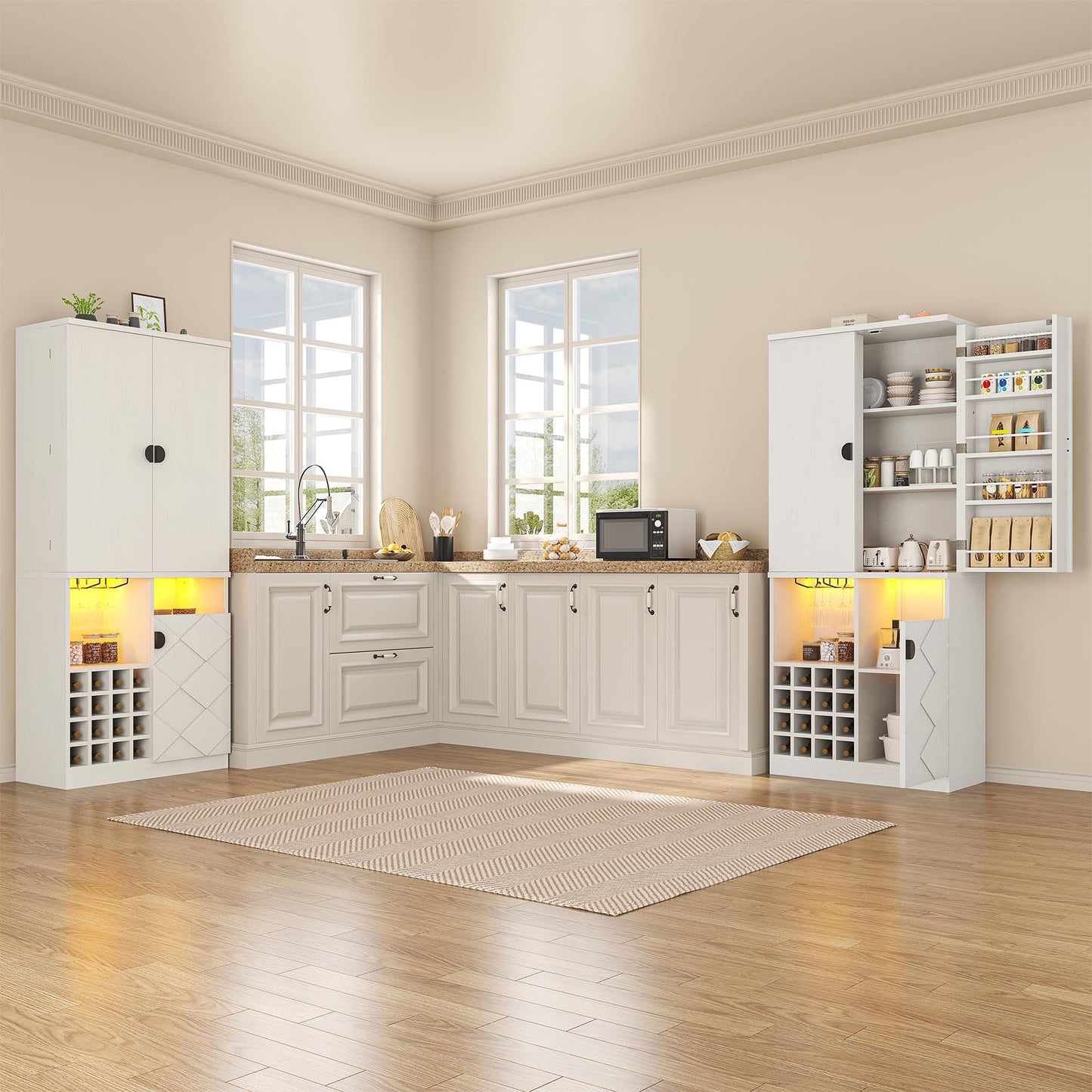 kepptory 72" Tall Kitchen Pantry Storage Cabinet, Freestanding Bar Cabinet with RGB LED Light, White Kitchen Buffet Sideboard with Doors for Dining Room Living Room