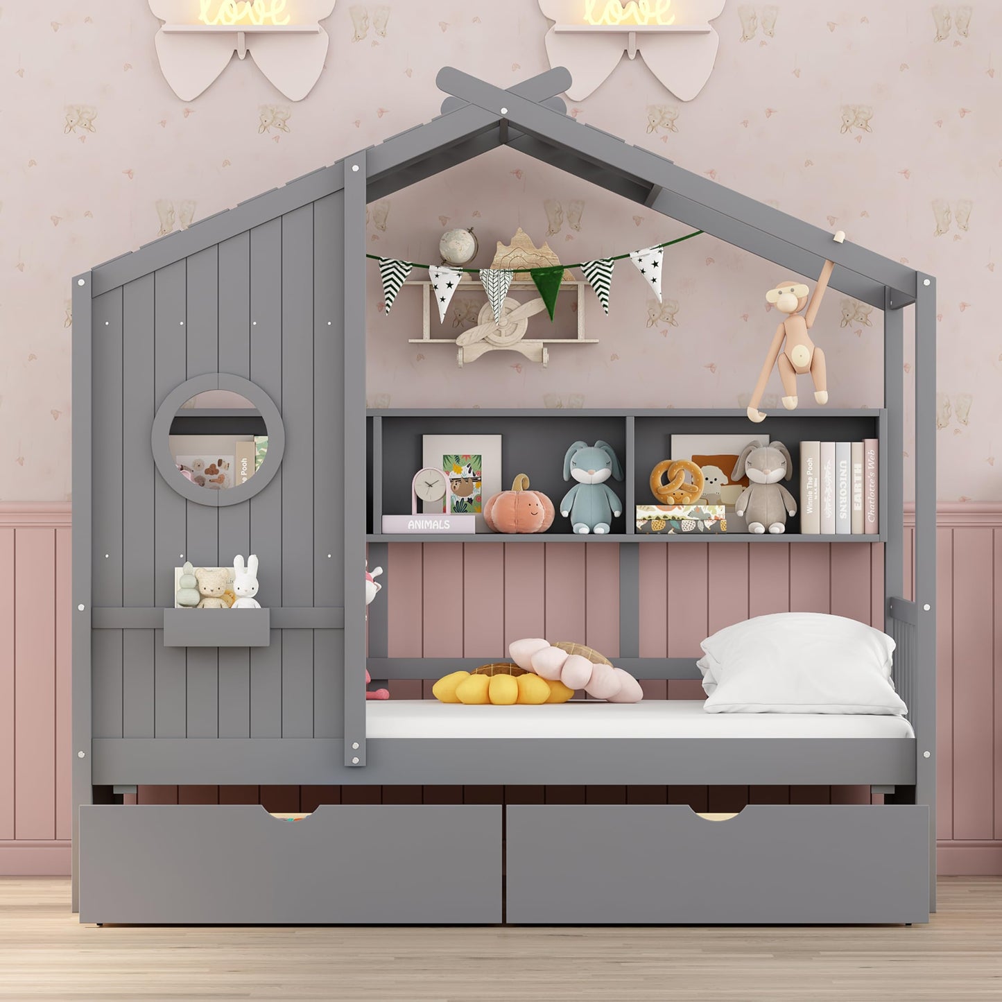 Twin Size House Bed with Storage Drawers,Kids House Bed Frame with Shelves,Cute Wood House Bed Twin with Roof for Kids,Girls,Boys,Gray