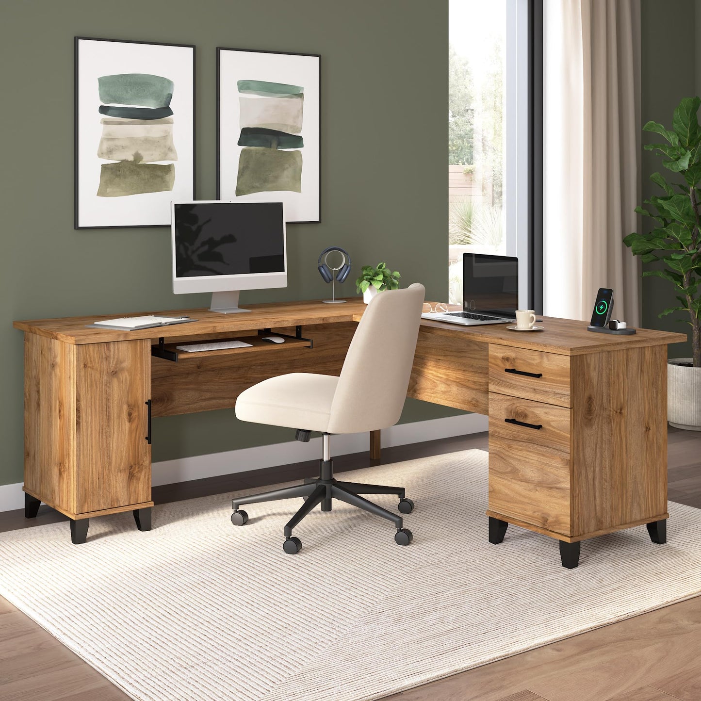 Bush Home 72-Inch L-Shaped Desk with Storage, Corner Computer Office Desk with File and Box Drawers, Home Office Workstation with Storage Cabinet, Somerset Collection, Fresh Walnut