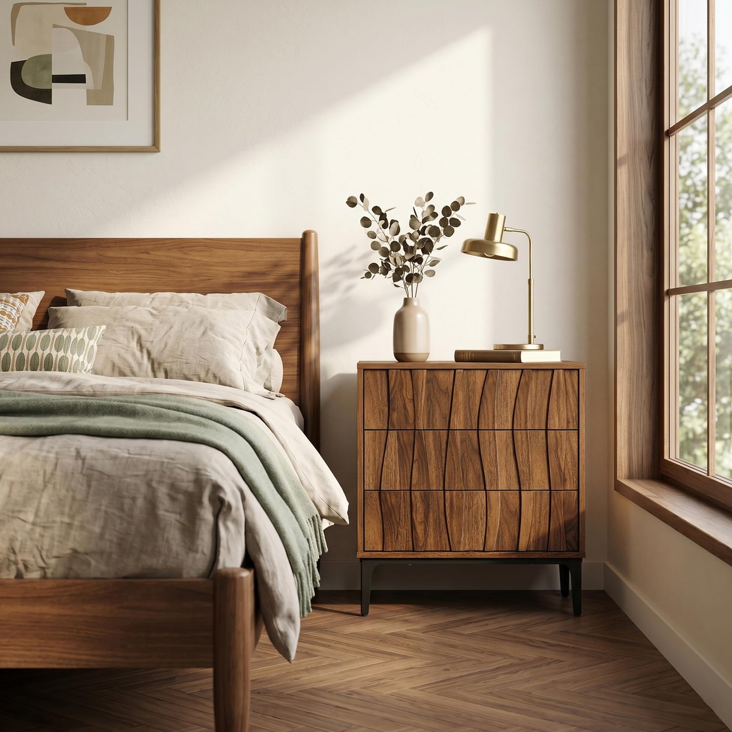 Mid-Century Modern Walnut Nightstands Set of 2, Wide Bedside Tables with 3 Drawers Each, Sculpted 3D Wave Front, Push-to-Open Handle-Free Drawers & Black Metal Legs