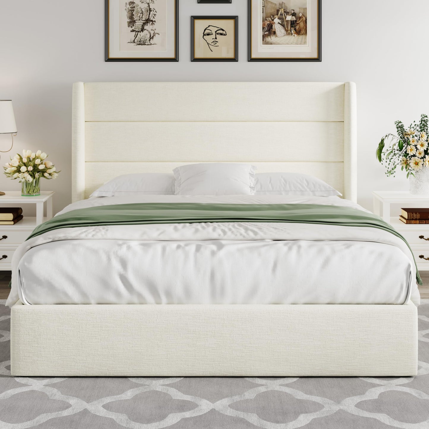 Allewie Queen Size Lift Up Storage Bed, Chenille Fabric Upholstered, Modern Wingback Headboard, Hydraulic Support, No Box Spring Needed, Cream White