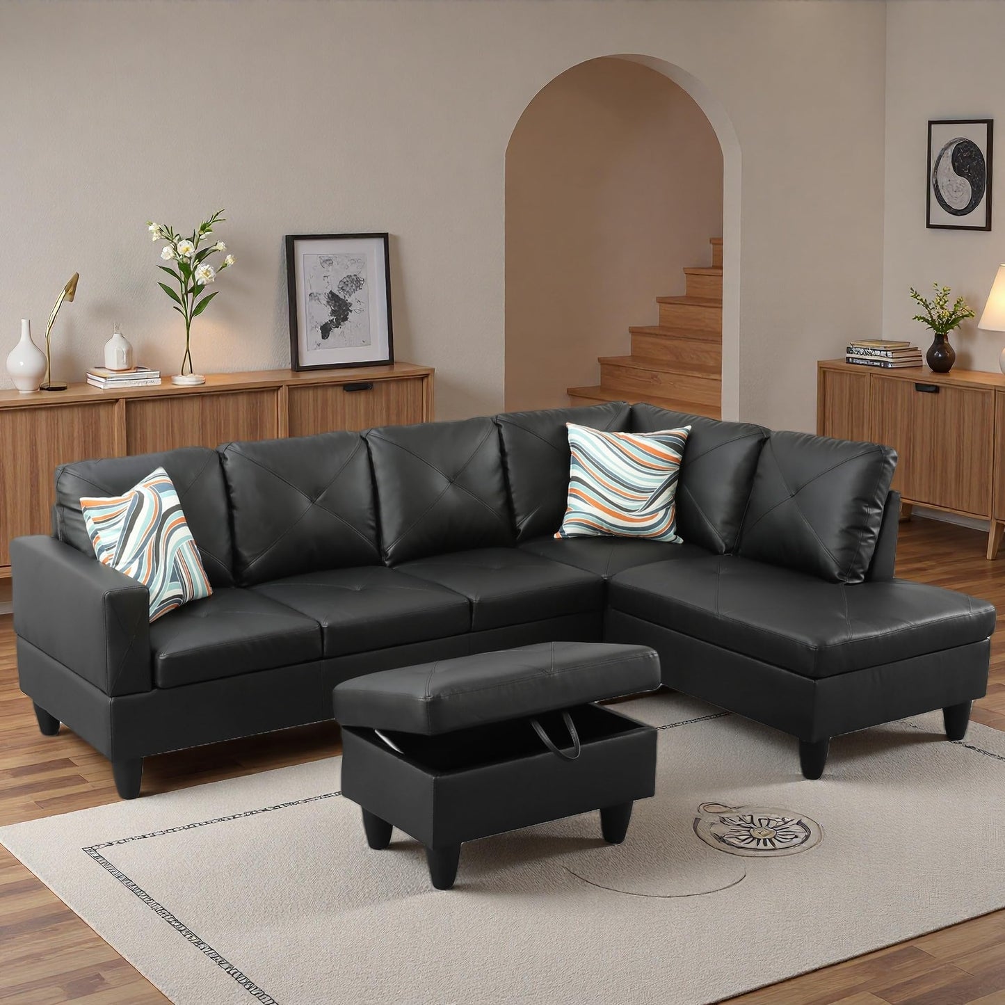 Topcomfy 97.5" L Shaped Couch Set, Modular Sectional Couches for Living Room with Storage Ottoman, 4 Seat Home Sofa Living Room Furniture Sets with Chaise for Apartment Office (Faux Leather, Black)