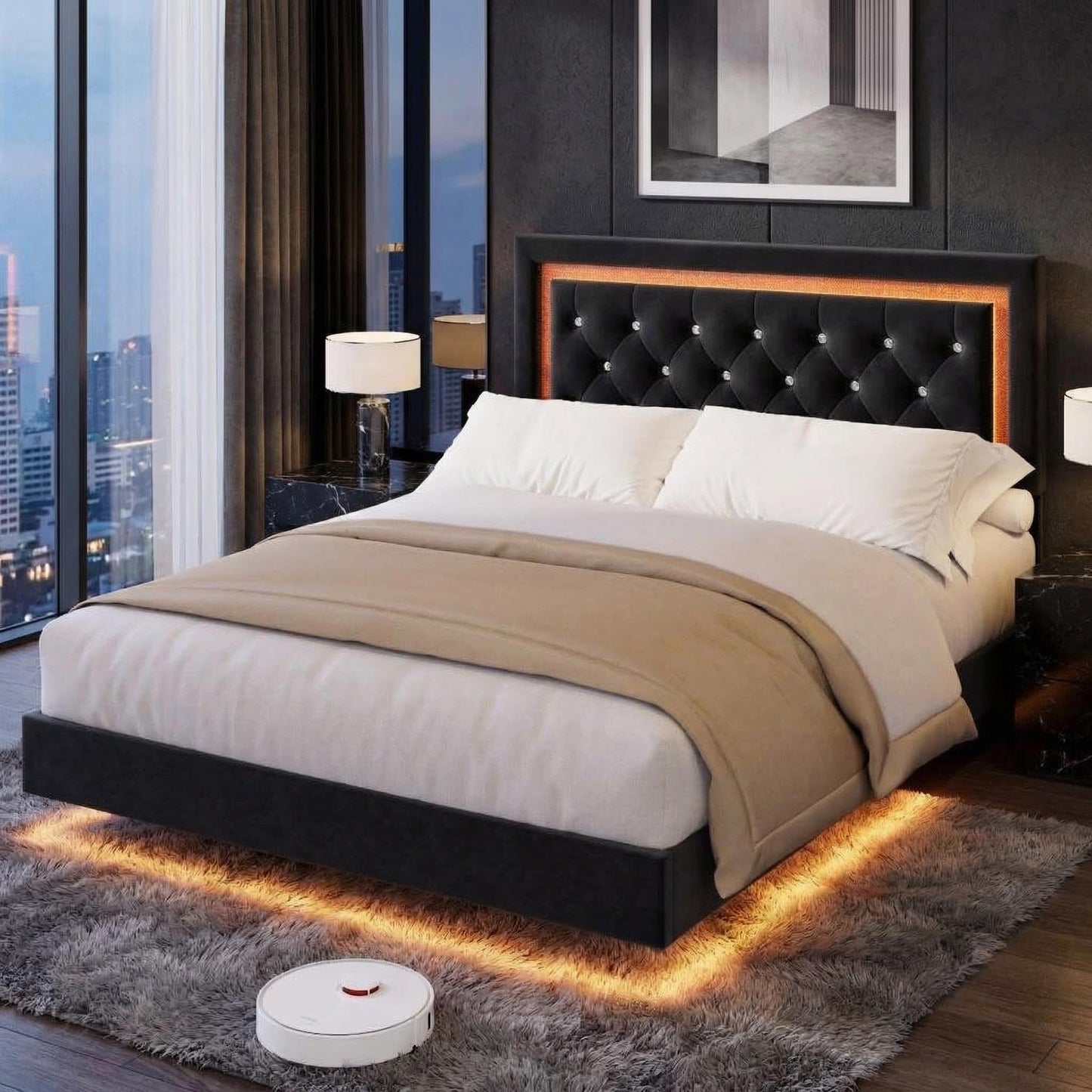 Floating Queen Platform Bed Frame with Smart LED Lights – Modern Diamond Upholstered Headboard, Noise-Free Wood Slats, Under-Bed Storage, Easy Assembly, Contemporary Bedroom Furniture，Queen Black