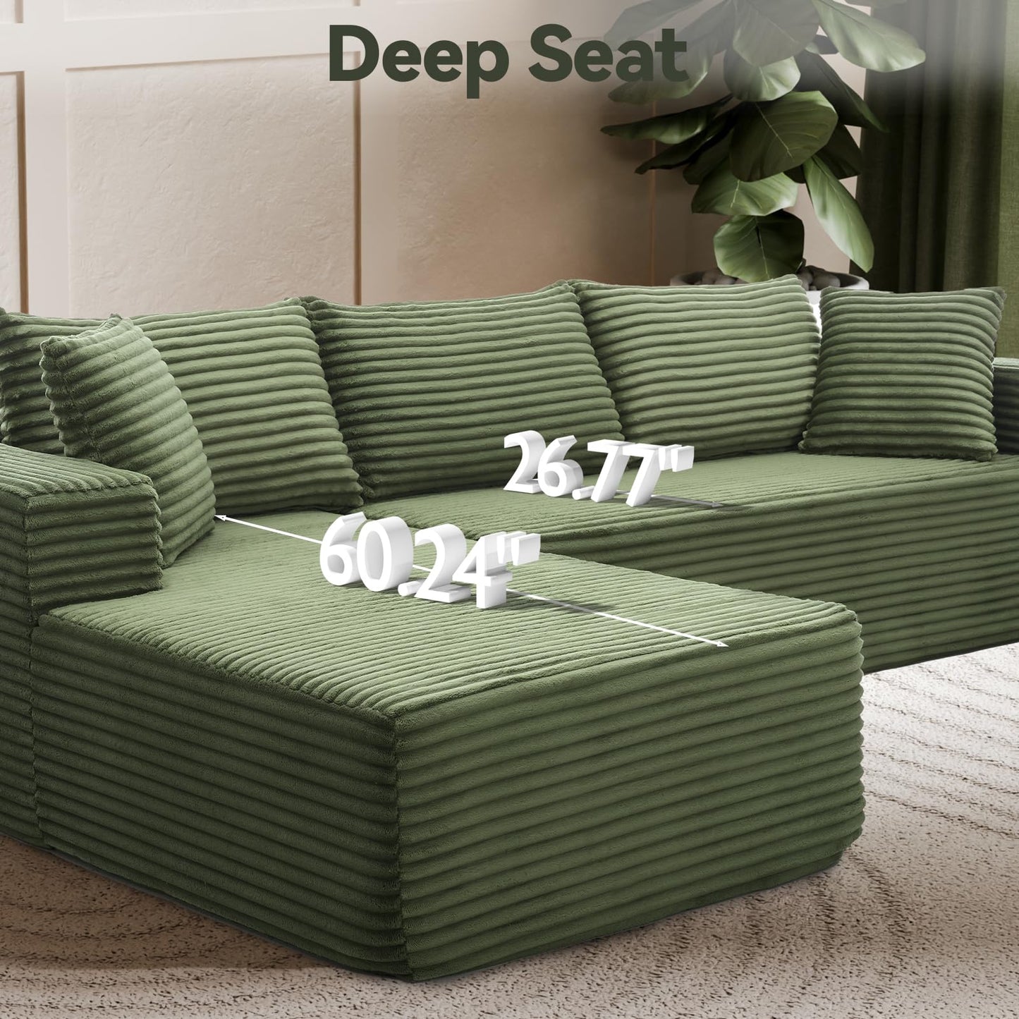 TRUNBACK 106" Modular Sectional Sofa, Green Corduroy Cloud Couch with Right Chaise, Deep Seat Boneless Floor Sofa for Living Room, High-Resilience Foam Support, No Assembly Required, Includes Pillows