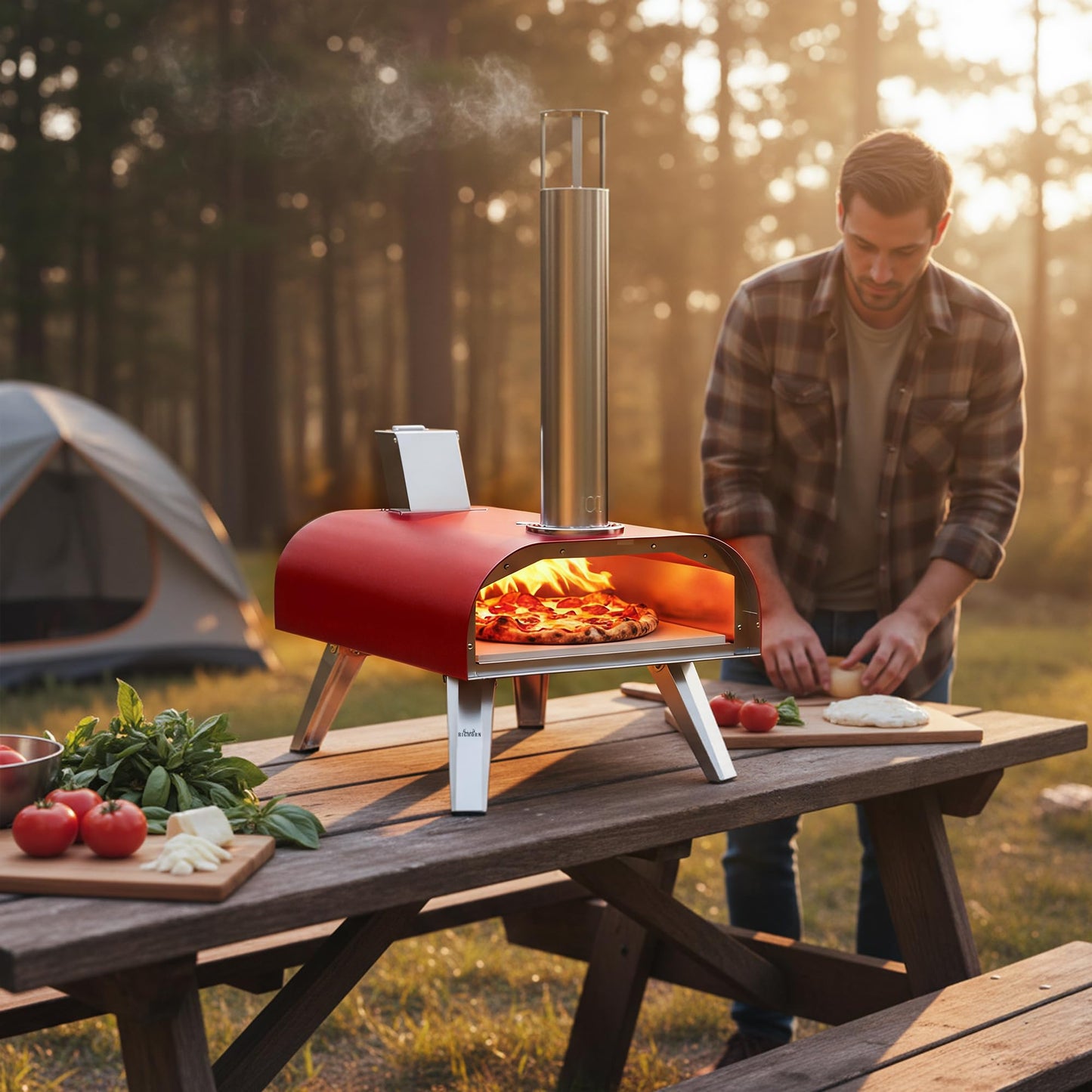 BIG HORN 12" Multi-Fuel Outdoor Pizza Oven Reach up to 1110℉– 3-in-1 Wood,Gas &Electric Compatible (Burners Sold Separately),Pellet Pizza Oven Portable Pizza Maker for Backyard, Camping&Tailgating,Red