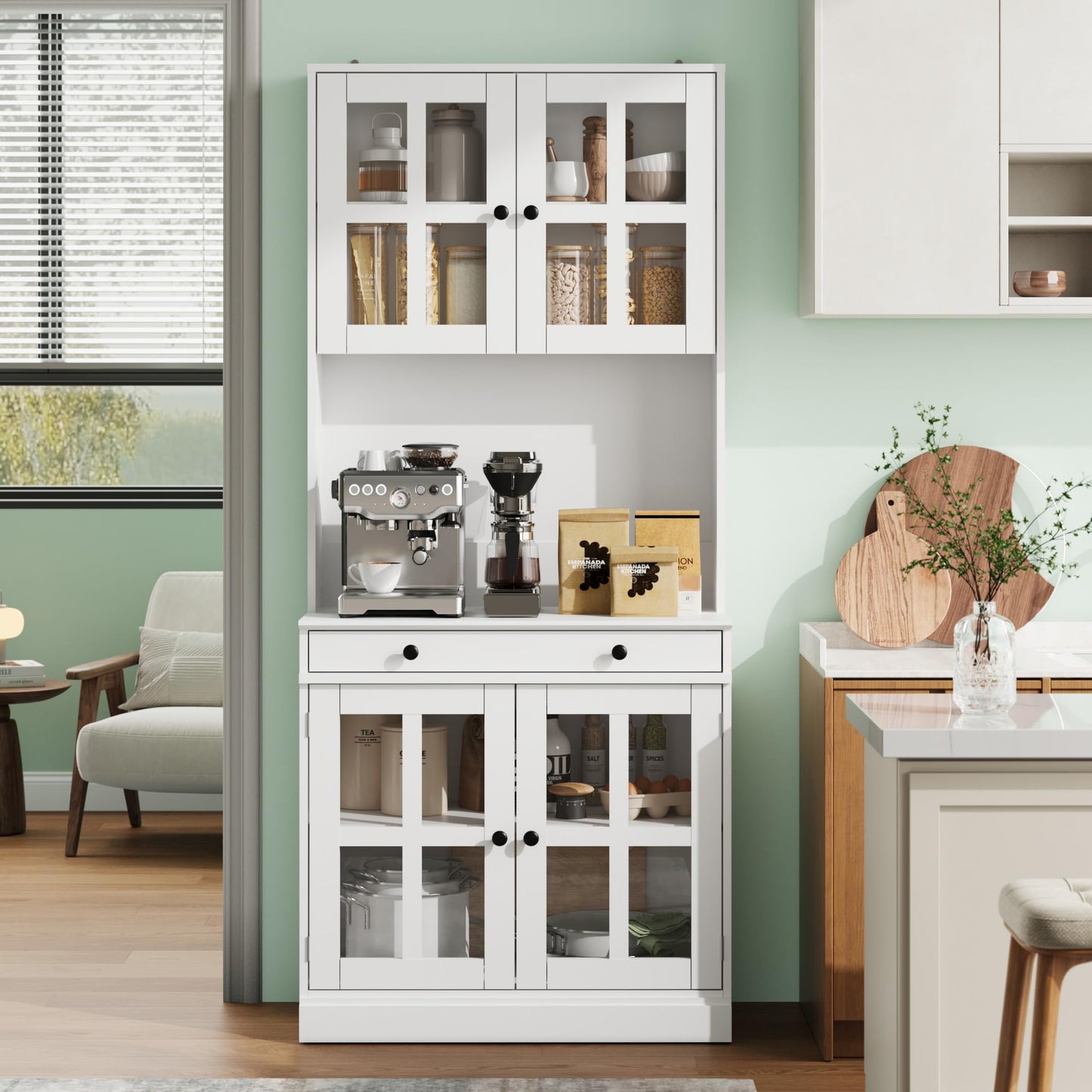 Garvee 72 Inch Kitchen Pantry Cabinet with Glass Doors, Drawer and Adjustable Shelves, Farmhouse Tall Storage Cabinet with Open Countertop, Coffee Bar Cabinet for Coffee Corner, White
