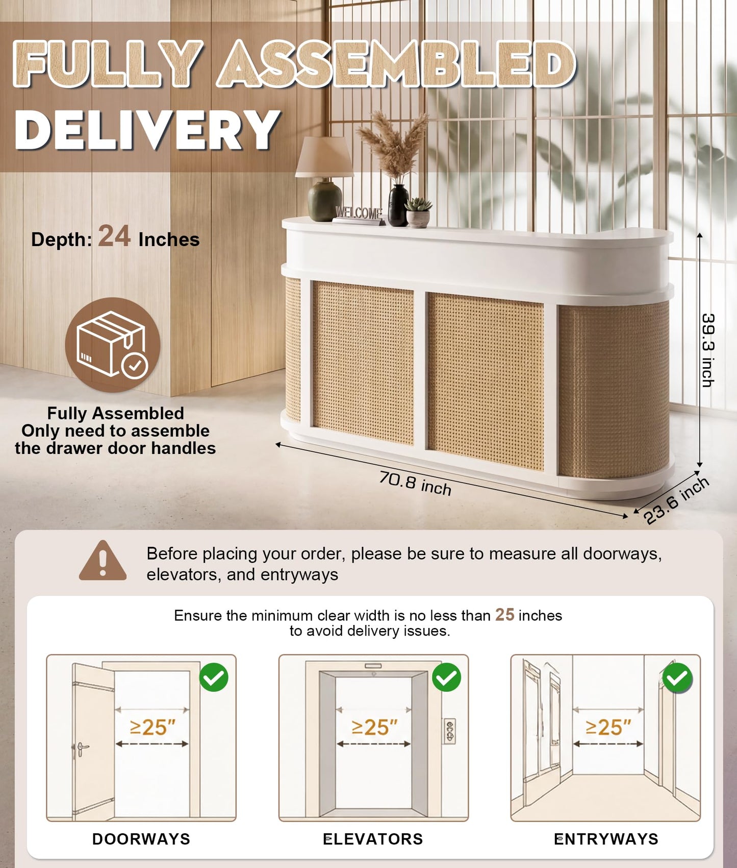 Curved Reception Desk, 70.8"/78.7" White Front Desk with Rattan Panels, Fully Assembled Heavy Duty Reception Counter with Lockable Drawers & Cable Hole, No Assembly Required for Spa, Clinic & Retail