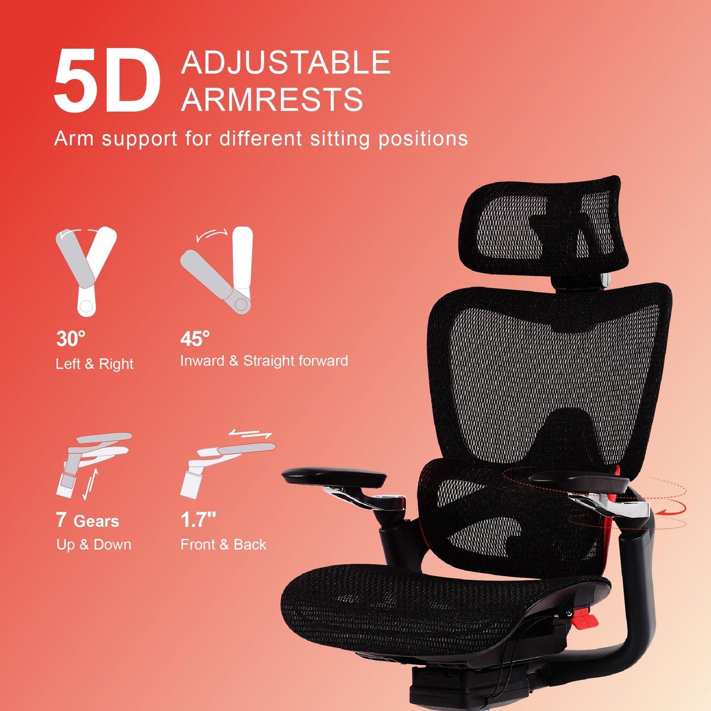 chirvana Ergonomic Office Chair, Big and Tall Mesh Computer Gaming Chair with Adaptive Lumbar Support, Work Chair with Headrest, 5D Armrest,90-130°Tilt, BIFMA Certified, Model Zen (Red)