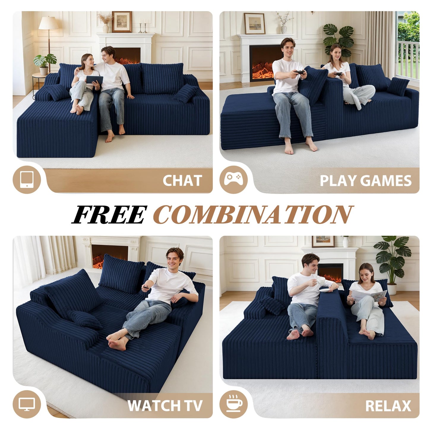 HABUTWAY 94" L-Shape Modular Sectional Sofa Couch for Living Room, No Assembly Required, Boneless Couch with Deep Seat for Living Room Bedroom, No Assembly Required (Bule,Left)