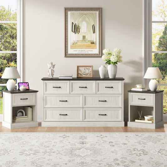 CARPETNAL Farmhouse Dresser and Nightstand Sets for Bedroom, 3 Pcs Bedroom Set, 7 Drawer Dresser & Nightstand Set of 2, Modern Wood Chest of Drawers for Bedroom, Living Room, Entryway, White