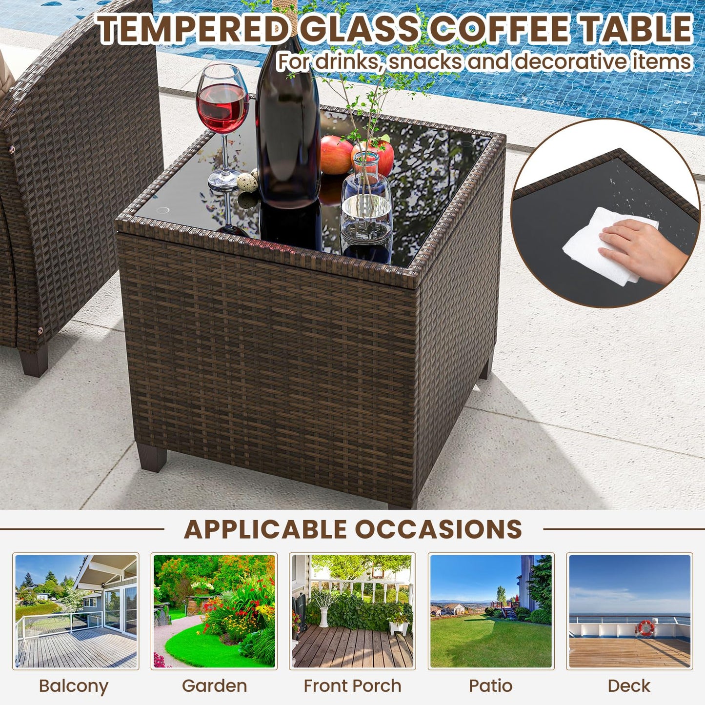 Tangkula 5 Pieces Patio Conversation Set, PE Wicker Rattan Outdoor Furniture Set with 2 Chairs, 2 Ottomans & Tempered Glass Coffee Table, Ideal for Poolside, Backyard, Lawn, Deck (Mix Brown & Beige)