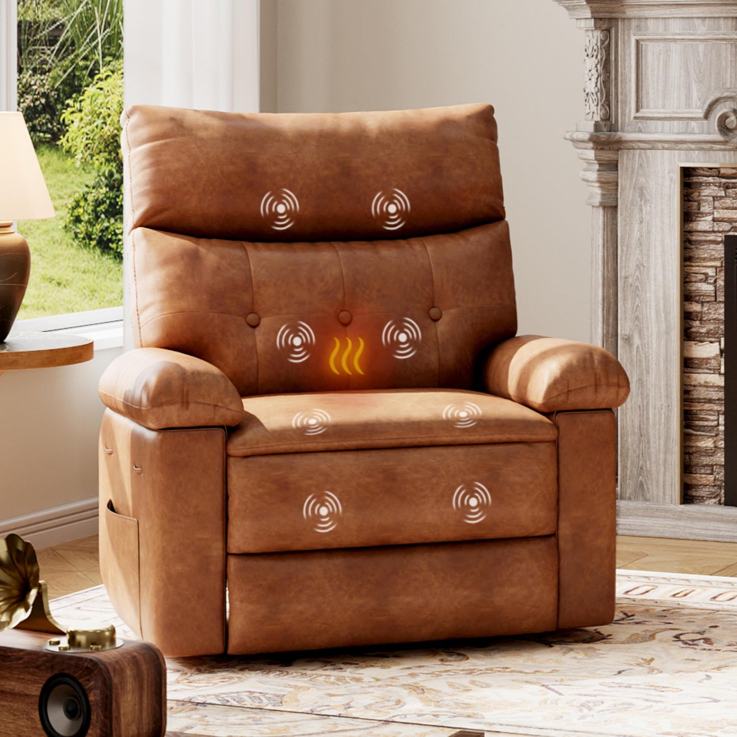 GarveeHome Leather Recliner Chair - Heat and Massage, Swivel Rocker Manual Recliner for Adults, Lazy Rocking Chair with Comfort Arms and Back Single Sofa for Living Room
