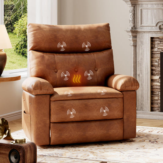 GarveeHome Leather Recliner Chair - Heat and Massage, Swivel Rocker Manual Recliner for Adults, Lazy Rocking Chair with Comfort Arms and Back Single Sofa for Living Room
