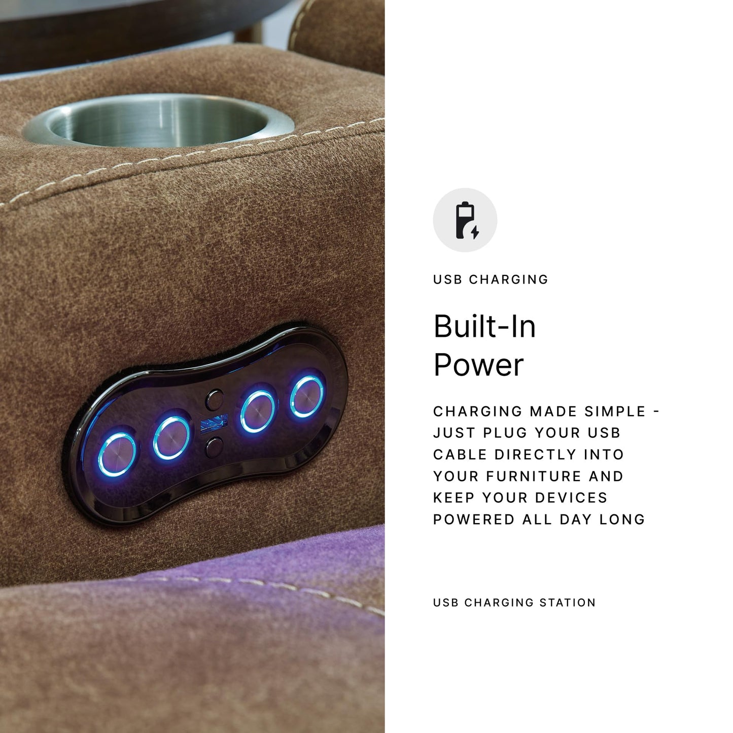 Signature Design by Ashley Wolfridge Contemporary Faux Leather Power Reclining Sofa with Drop Down Table, LED Lights, Electrical Outlet, Wireless Charging, USB Ports and Cup Holders, Light Brown