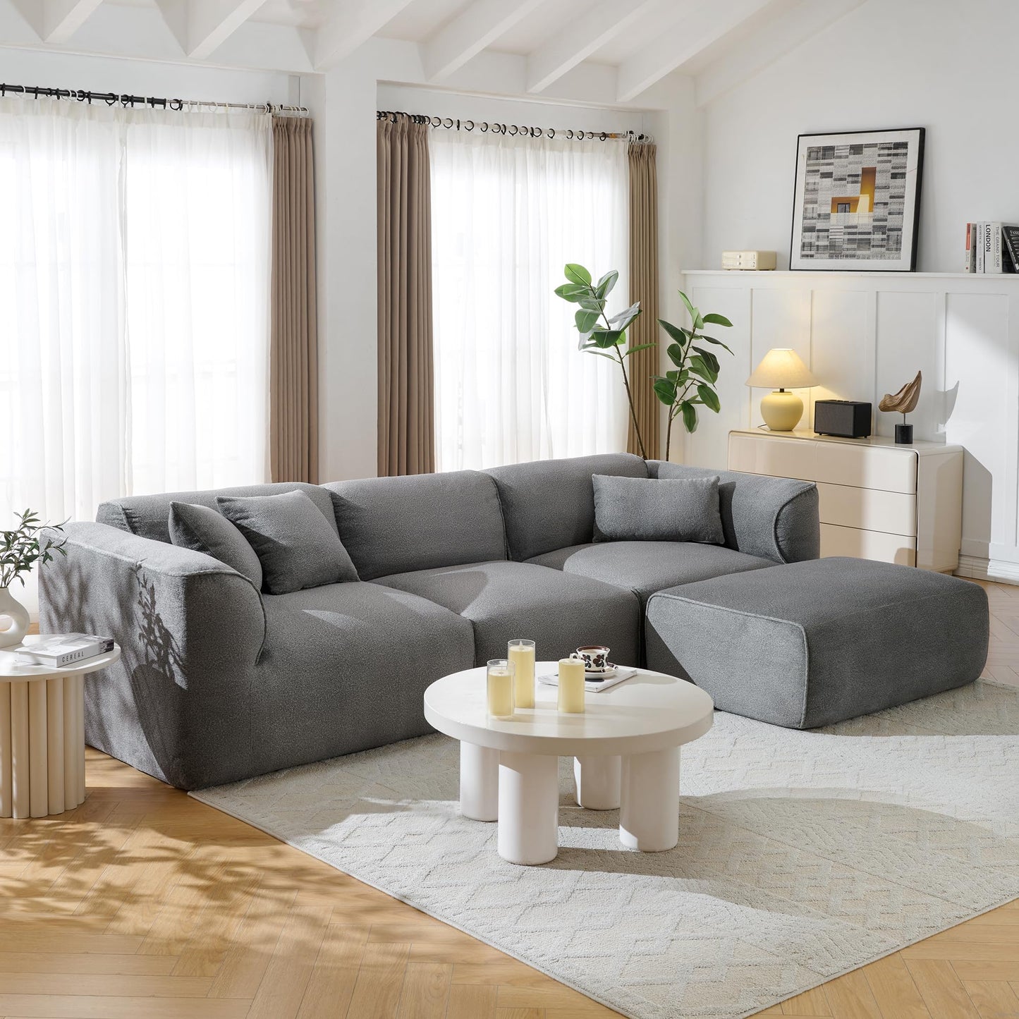 Merax Modern Oversized L-Shaped Sectional Sofa with Ottoman, Velvet 4-Seat Couch Set Sleeper Bed with 3 Throw Pillows, Gray