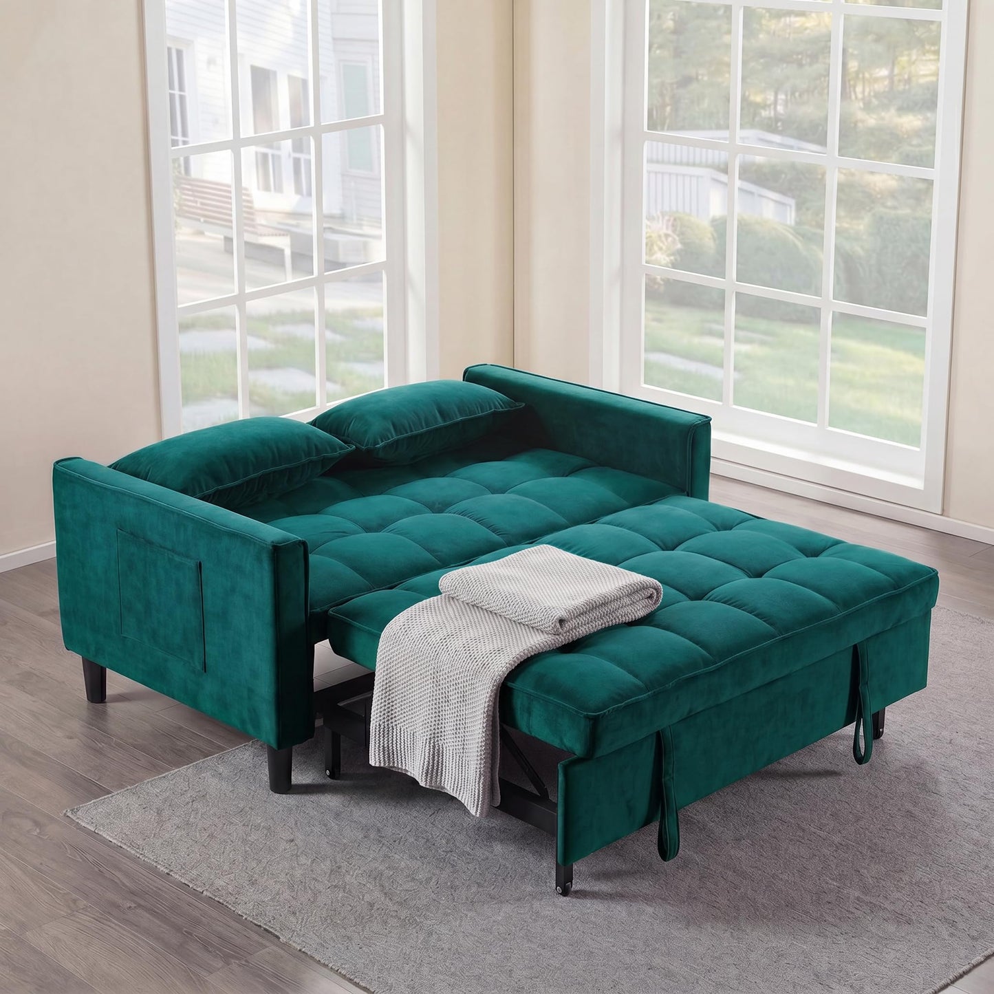 NicBex Convertible Sofa Bed, 3 in 1 Velvet Fabric Loveseat Sleeper Sofa Bed, Pull Out Couch with Adjustable Backrest & Side Pockets for Small Spaces, Living Room & Bedroom, Dark Green