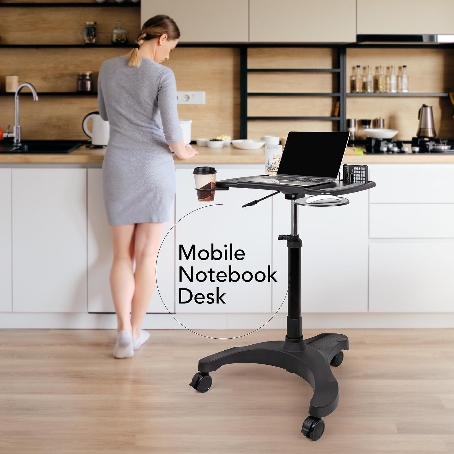 EHO Mobile Laptop Standing Desk Carts on Wheels with Stationery Storage, Pneumatic, Height Adjustable Rolling Stand, Sit to Stand Computer Cart, Workstation for Home, Office, Medical and School