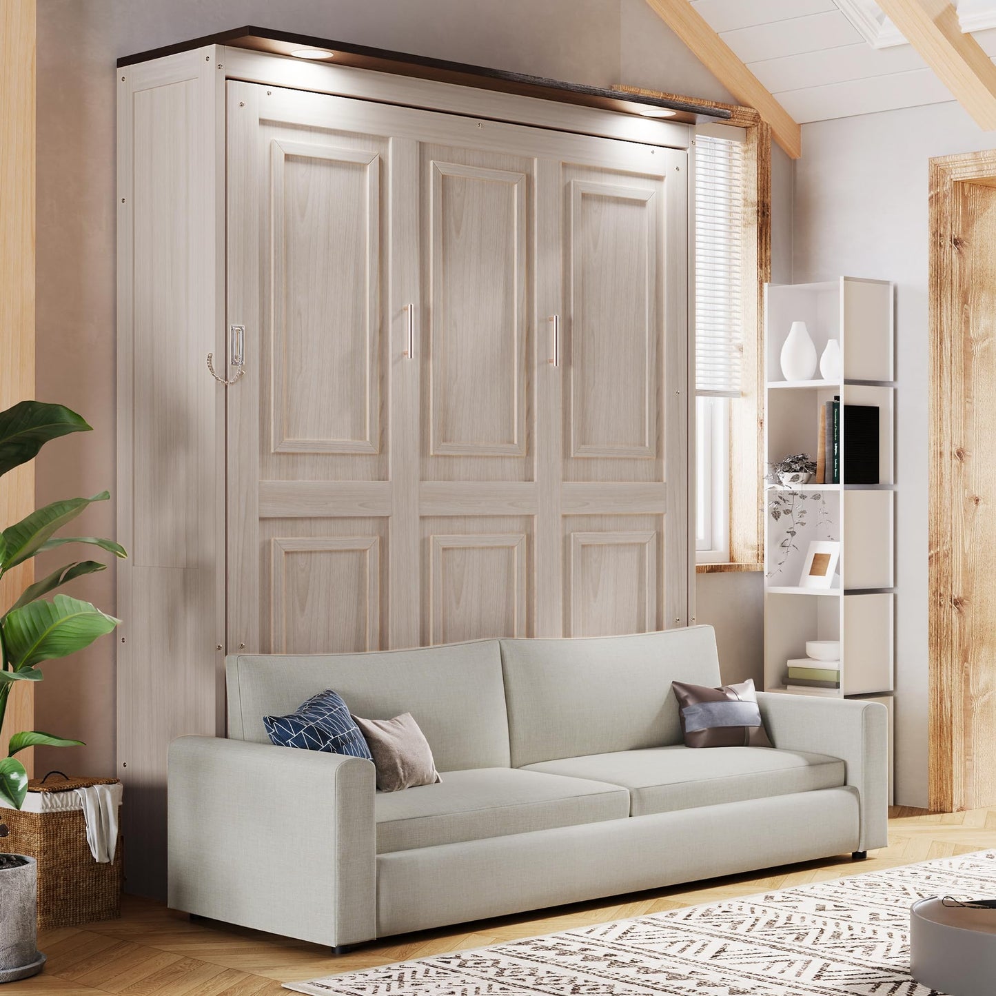 Queen Murphy Bed with Couch and LED Lighting,Solid Wood Folding Murphy Wall Bed Cabinet with Sofa