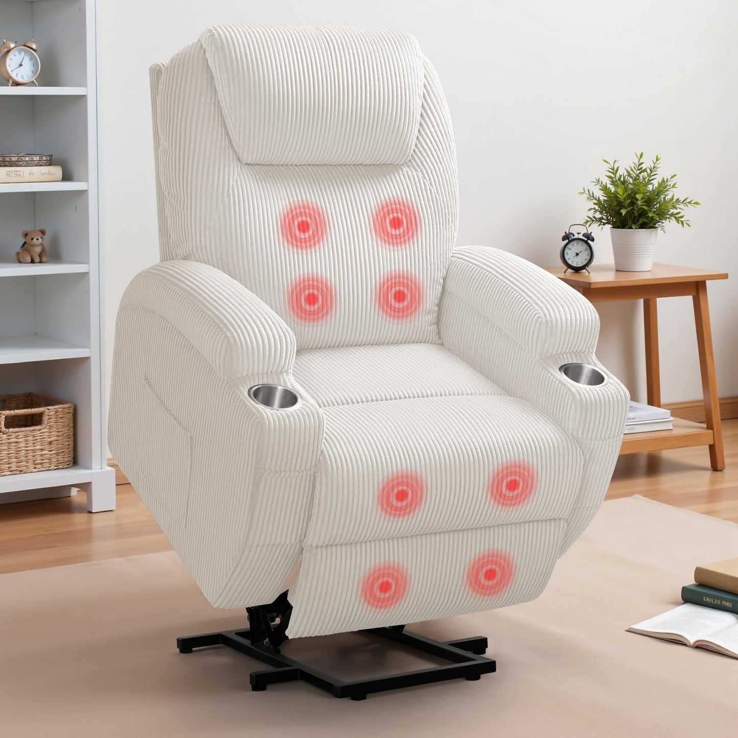 Furmax Electric Power Lift Recliner Chair with Massage for Elderly Corduroy Fabric Recliner Single Sofa with Cup Holders, Side Pockets and Remote Control for Living Room Bedroom (White)