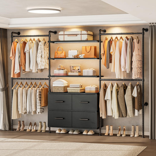 T3 Closet System with Stepless Dimmable LED Light, Industrial Pipe Clothing Rack with 4 Drawers, 6 Wooden Shelves & 4 Telescopic Rods, Heavy Duty Closet Organizers in Wardrobe Closet (Black)