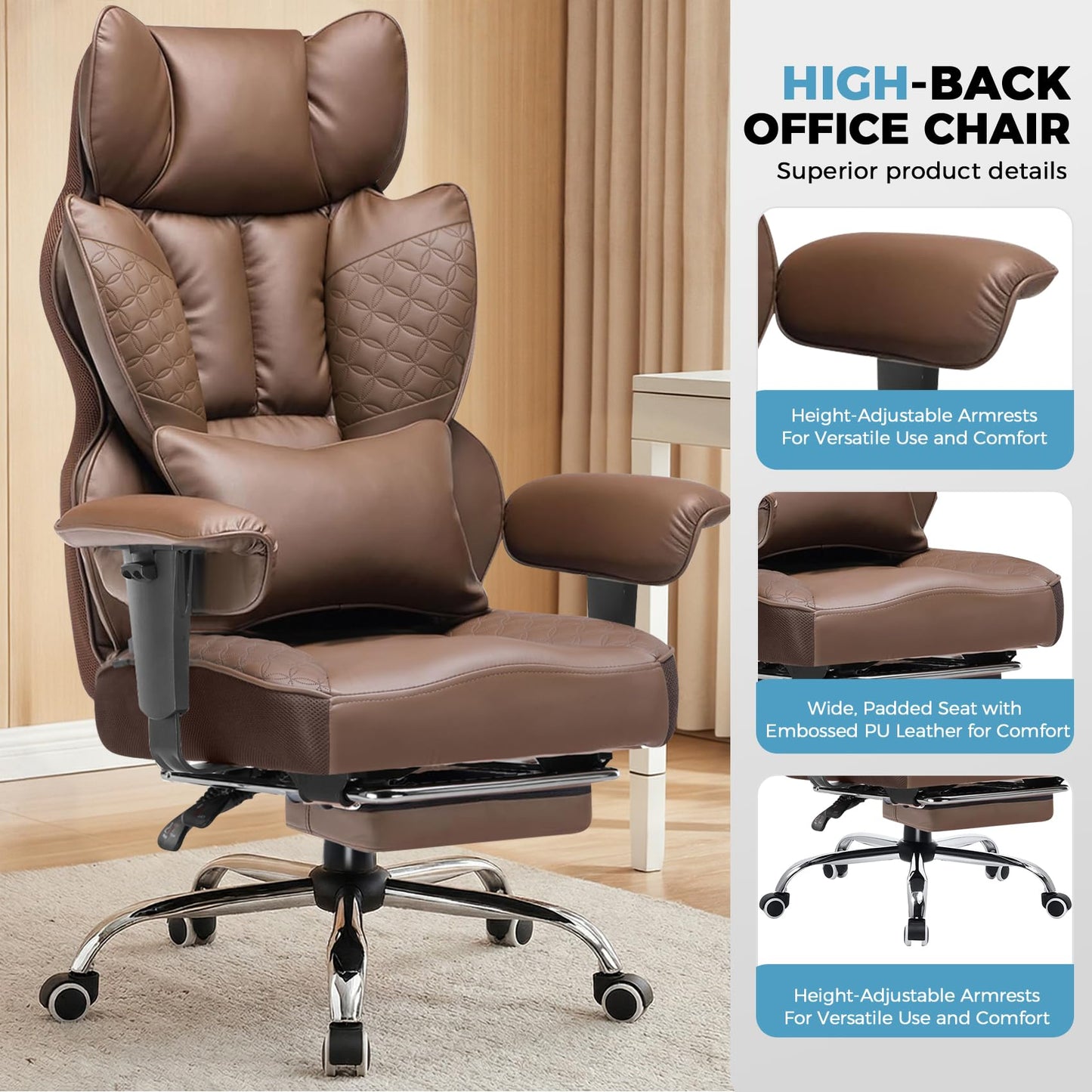 COMHOMA Big and Tall Office Chair Heavy Duty Wide Ergonomic Gaming Chair with Deluxe Embossing Designed Leather with Foot Rest,150°Reclining Adjustable Armrests Pocket Spring Back Support and Pillow