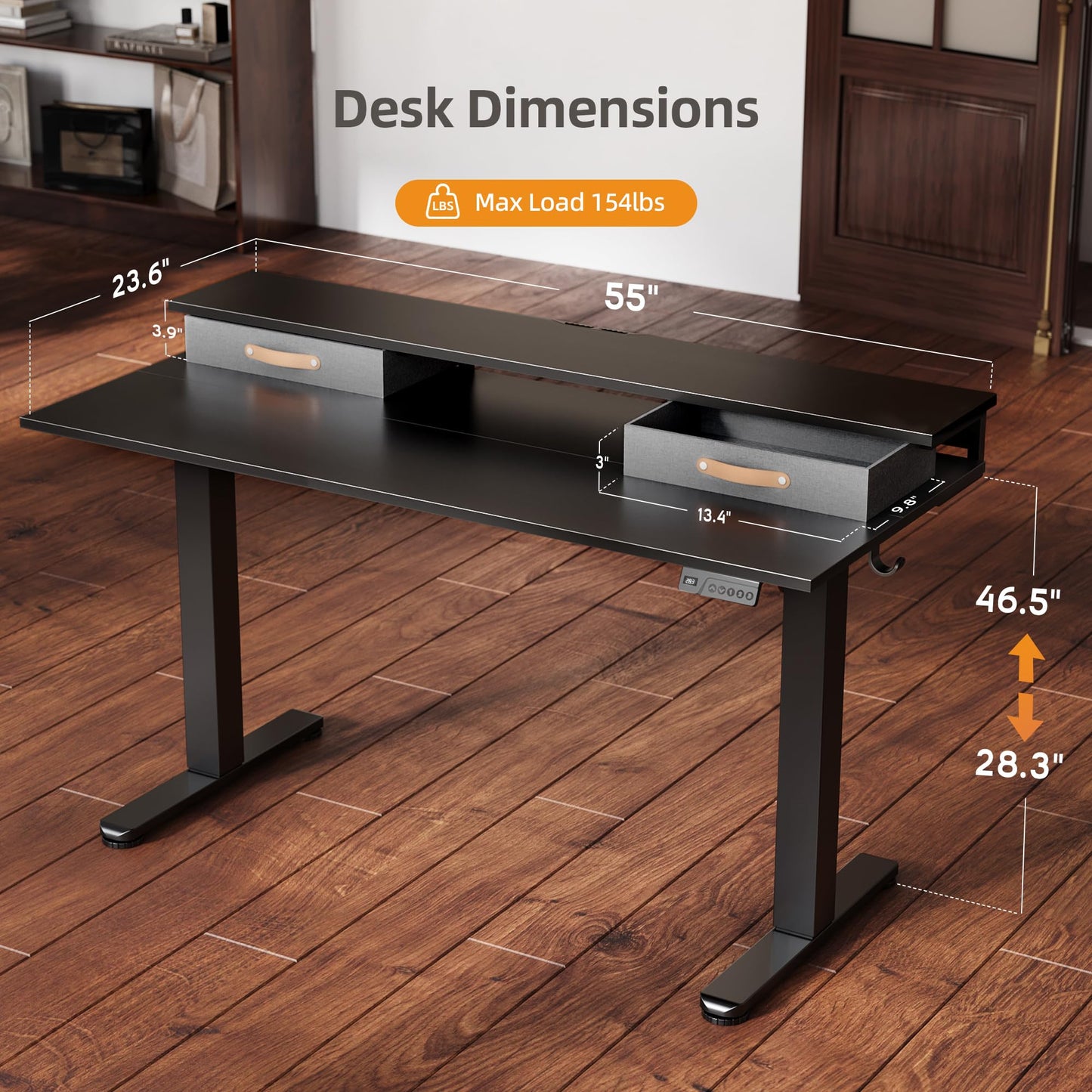 Seang Electric Standing Desk with 2 Drawers, Adjustable Standing Desk with Storage Shelf, Height Adjustable Stand up Desk for Home Office with 3 Presets & 2 Hooks,55 Inch, Black