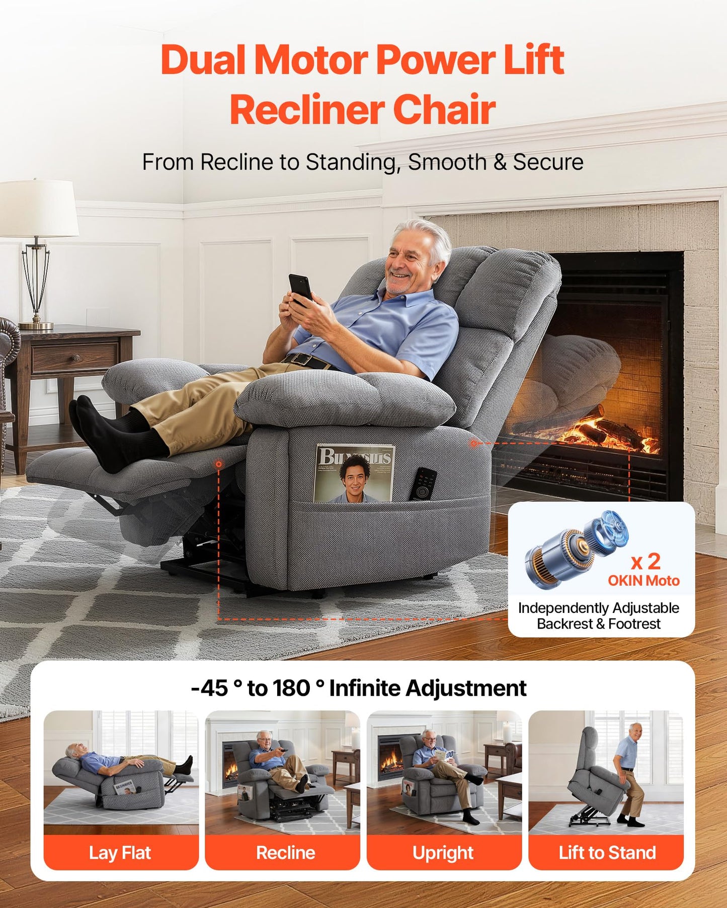 VEVOR Oversized Power Lift Recliner Chairs, Dual Motor Lift Chair with Heat and Massage for Elderly, Position Adjustable, with Side Pockets, Cup Holders and USB Port, Chenille Fabric, Light Gray