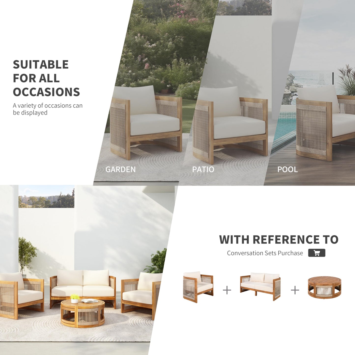 Christopher Knight Home Nesbit 4 Pieces Conversation Set, Acacia Wood Chat Set, Woven Rope Loveseat and Accent Chairs, Slat Panel Coffee Table, Patio Furniture Set for Backyard Balcony Garden, Beige